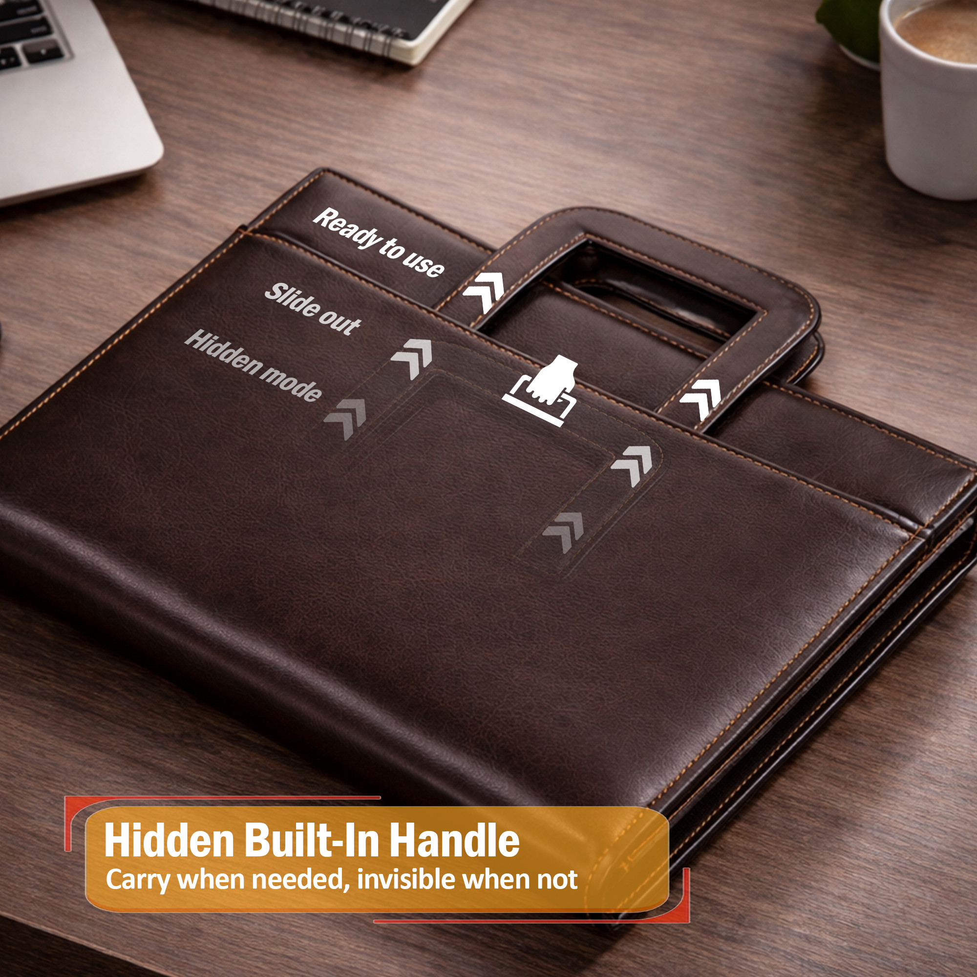Leather Document File Folder with Handle A4 Certificate HolderTablet Pocket2 Ring Binder with Multiple Card Slots  Dark Brown
