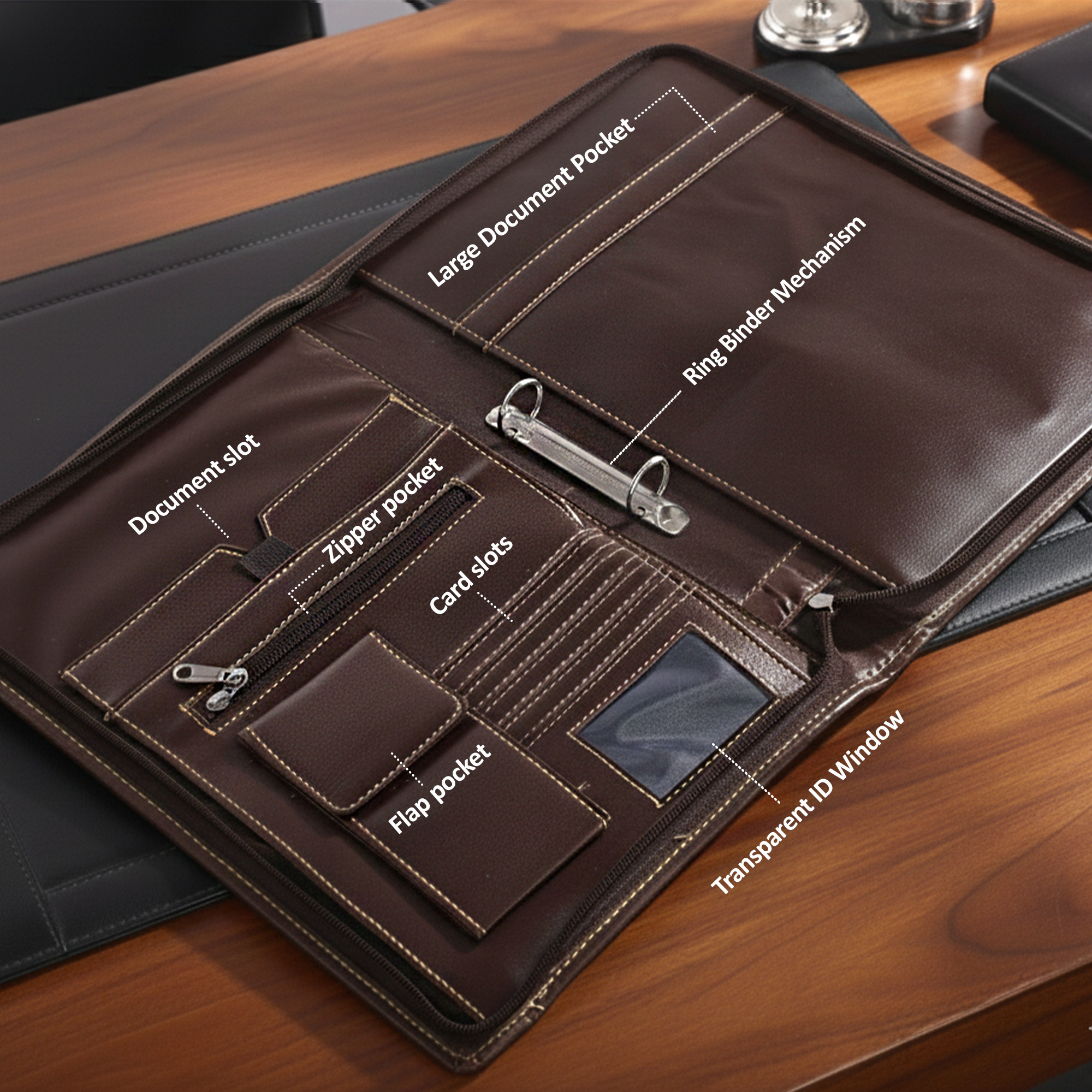 Leather Document File Folder with Handle A4 Certificate HolderTablet Pocket2 Ring Binder with Multiple Card Slots  Dark Brown