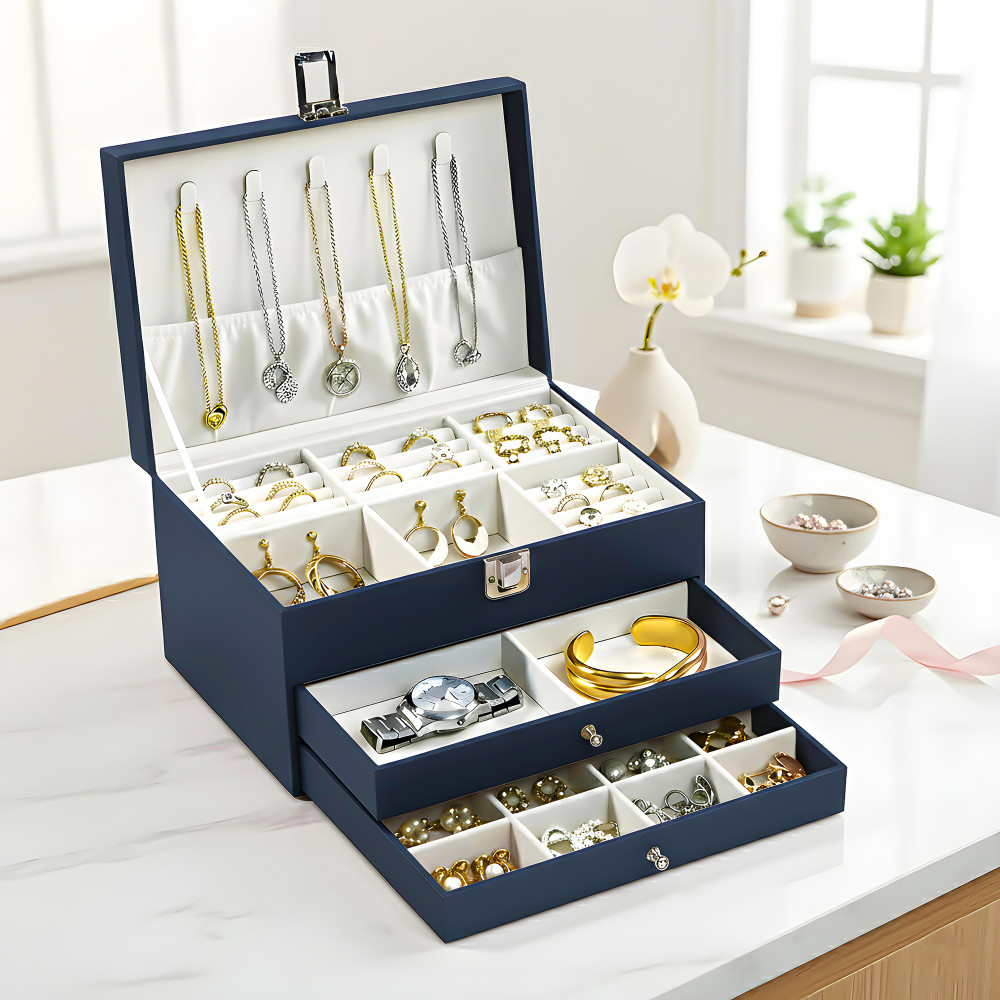 Image of Leather Jewellery Box with Double Tray | Lockable &amp; Reusable | Multi-Compartment Jewelry Storage Kit for Ring/Earring/Watch | Navy Blue