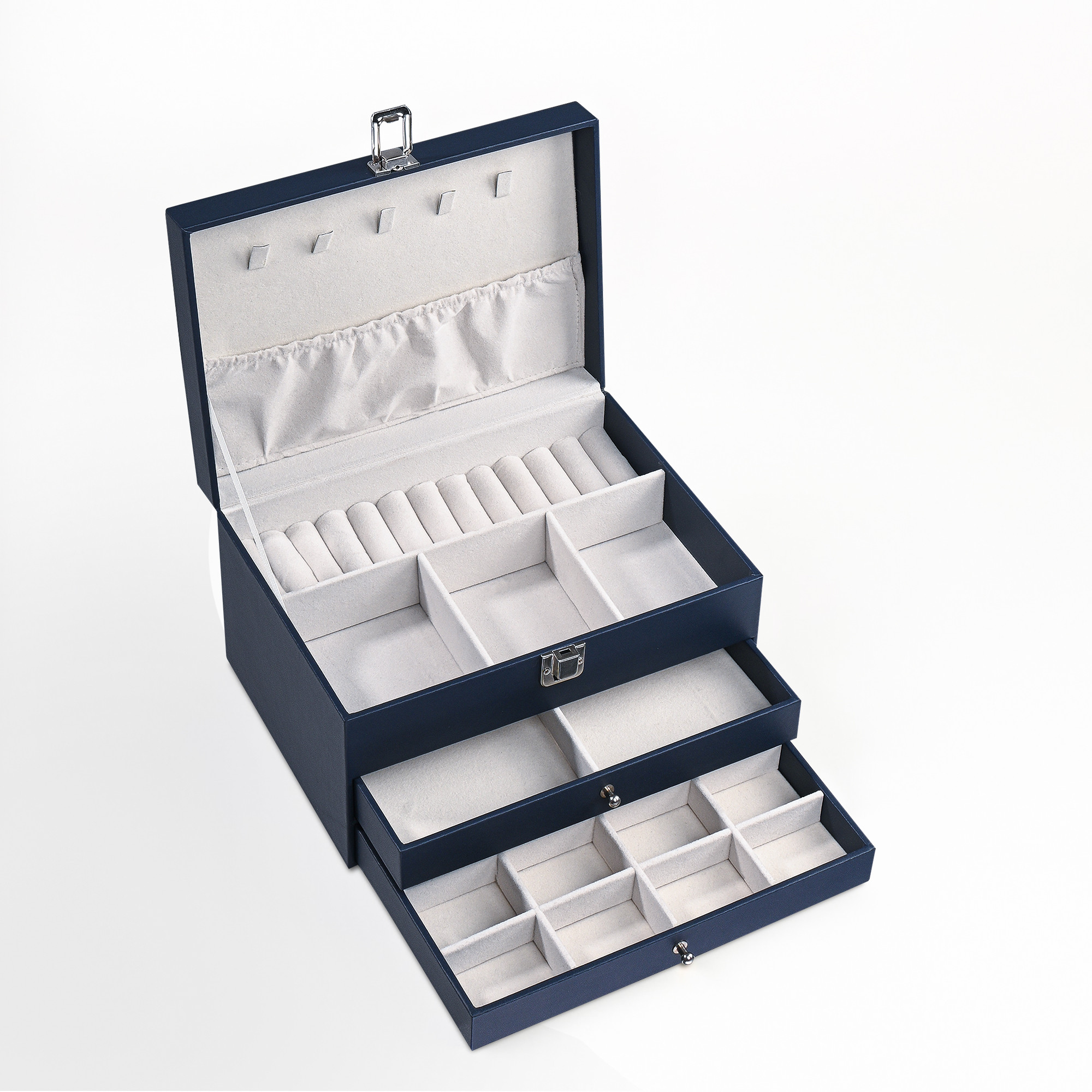 Leather Jewellery Box with Double Tray  Lockable  Reusable  Multi-Compartment Jewelry Storage Kit for RingEarringWatch  Navy Blue