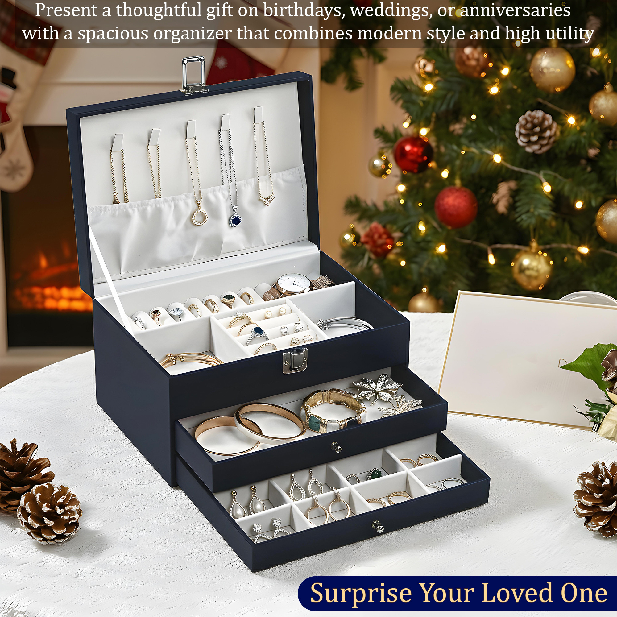 Leather Jewellery Box with Double Tray  Lockable  Reusable  Multi-Compartment Jewelry Storage Kit for RingEarringWatch  Navy Blue