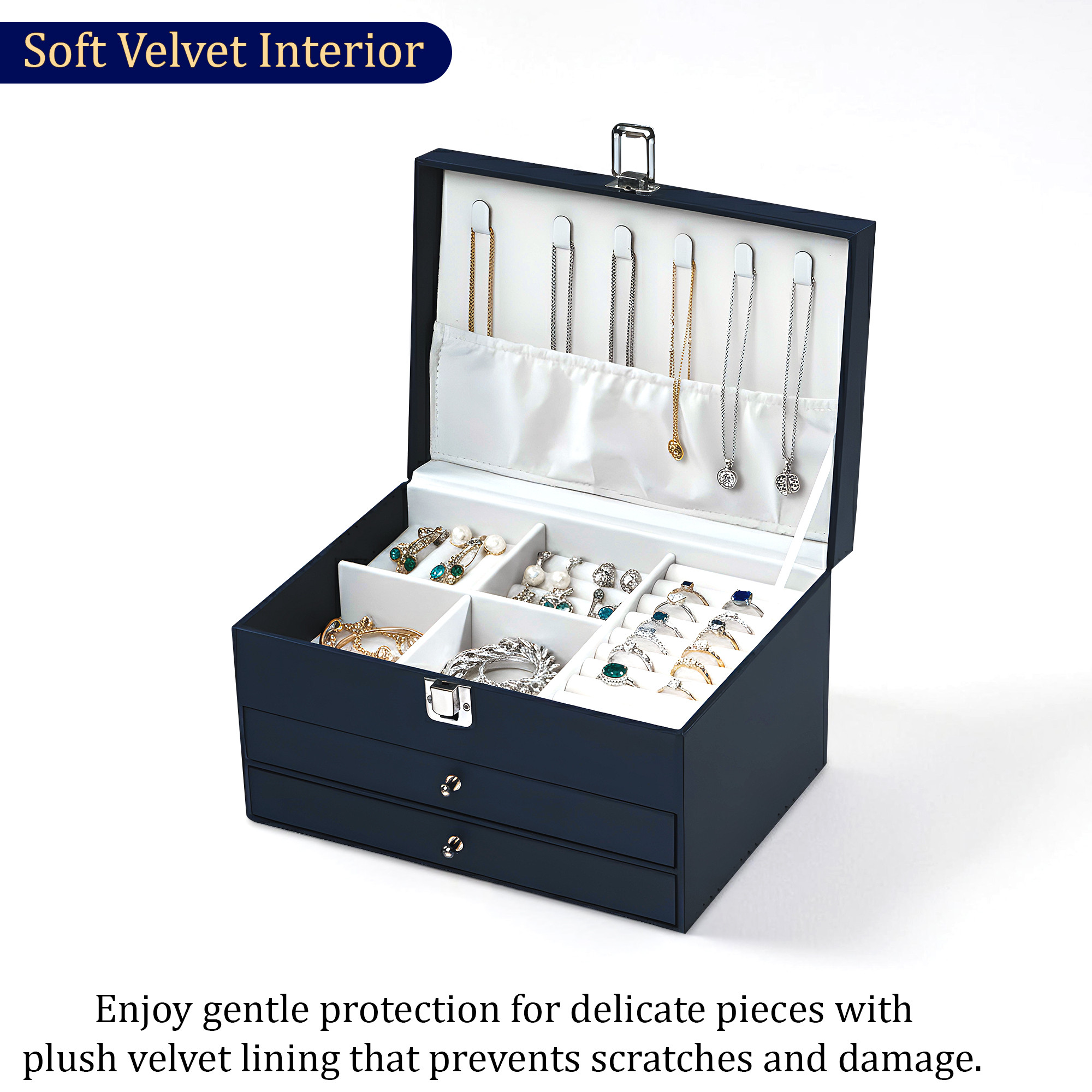 Leather Jewellery Box with Double Tray  Lockable  Reusable  Multi-Compartment Jewelry Storage Kit for RingEarringWatch  Navy Blue