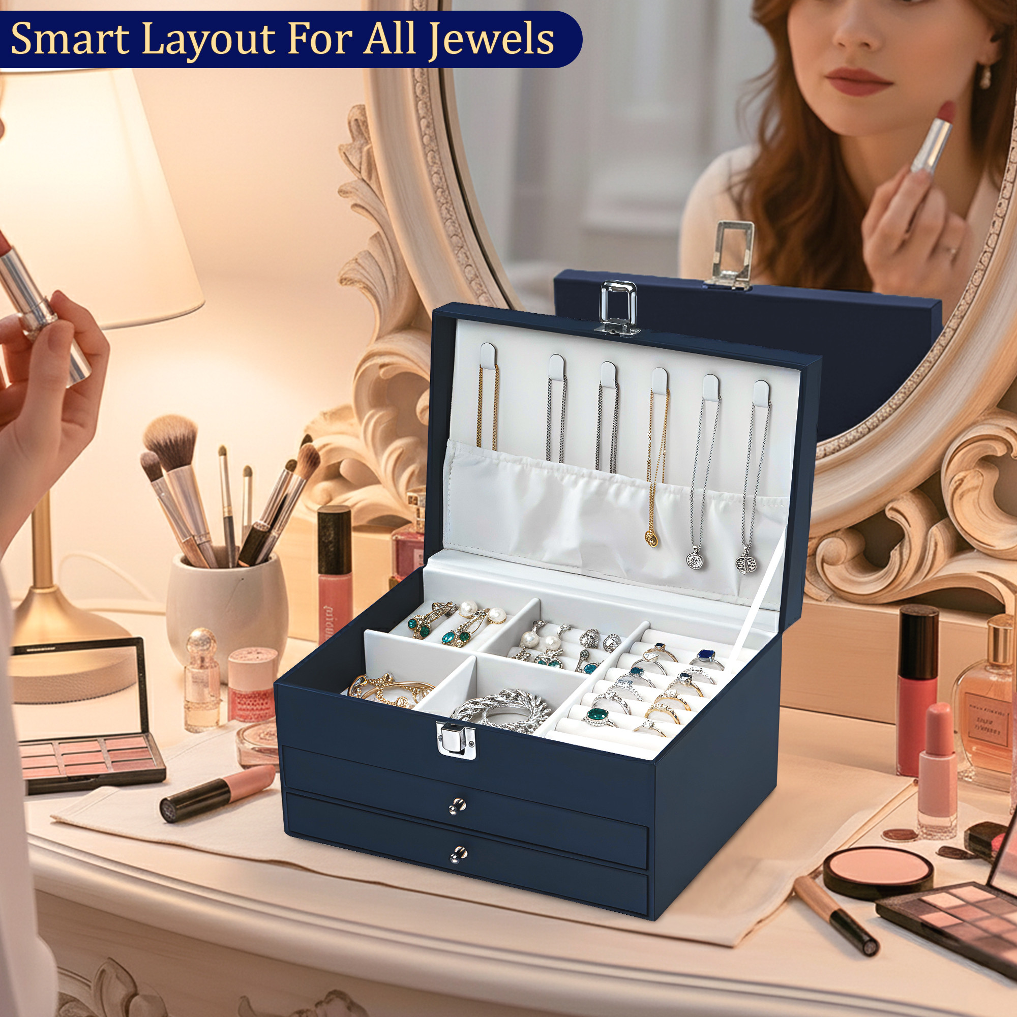 Leather Jewellery Box with Double Tray  Lockable  Reusable  Multi-Compartment Jewelry Storage Kit for RingEarringWatch  Navy Blue