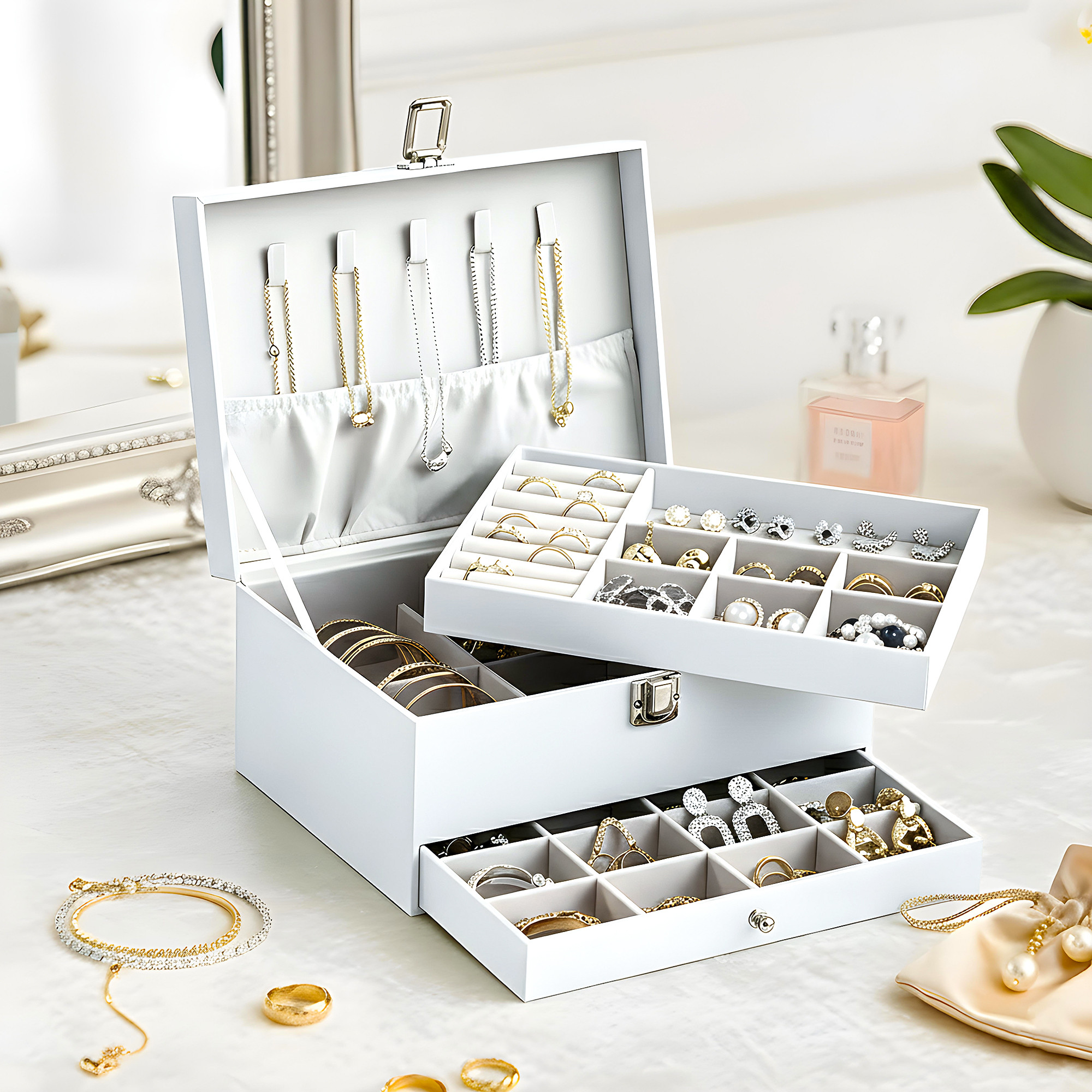 Leather Jewelry OrganizerDisplay Box for Rings Earrings Necklaces  Storage Case with Secure Lock  Ideal Gift for Women  Girls  White