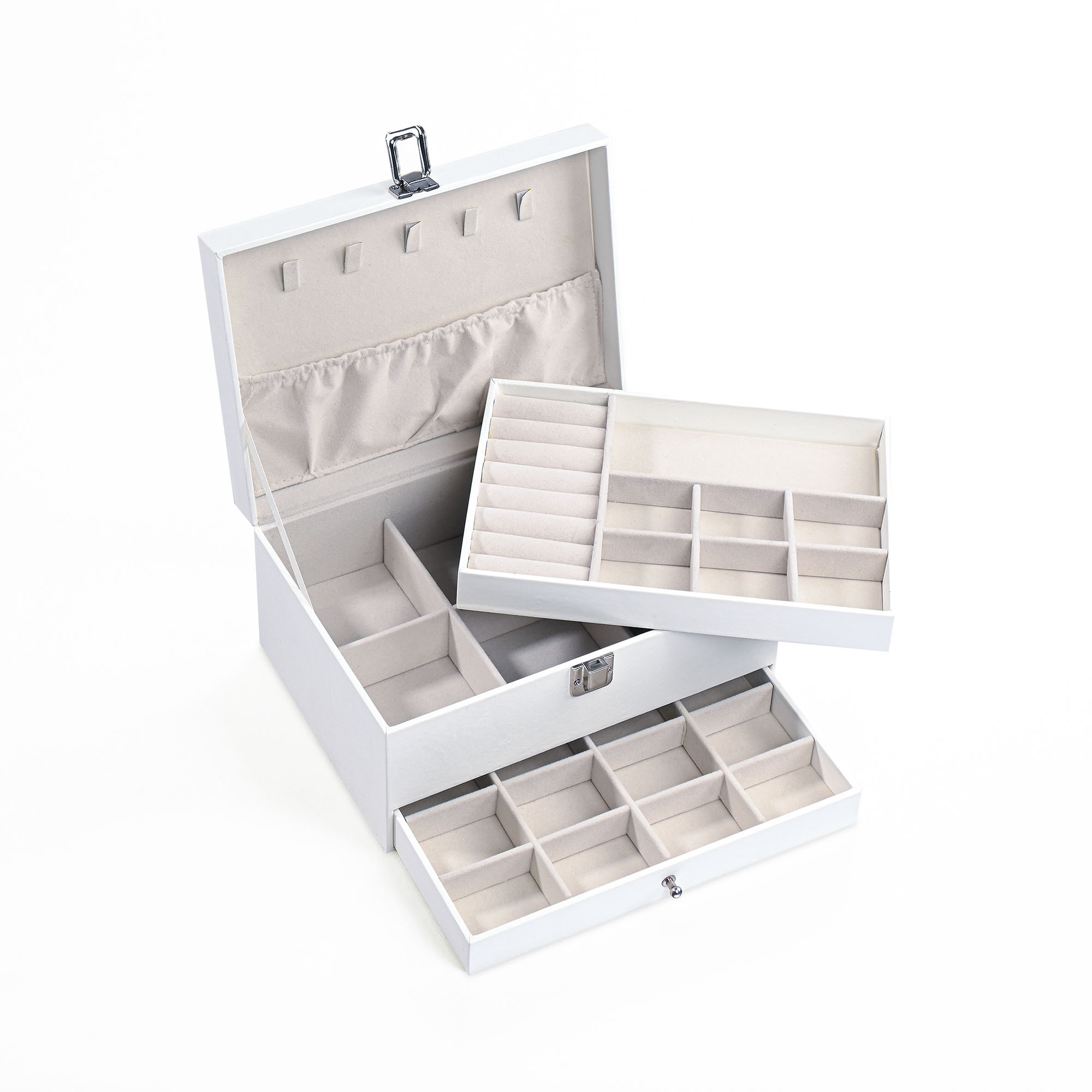 Leather Jewelry OrganizerDisplay Box for Rings Earrings Necklaces  Storage Case with Secure Lock  Ideal Gift for Women  Girls  White