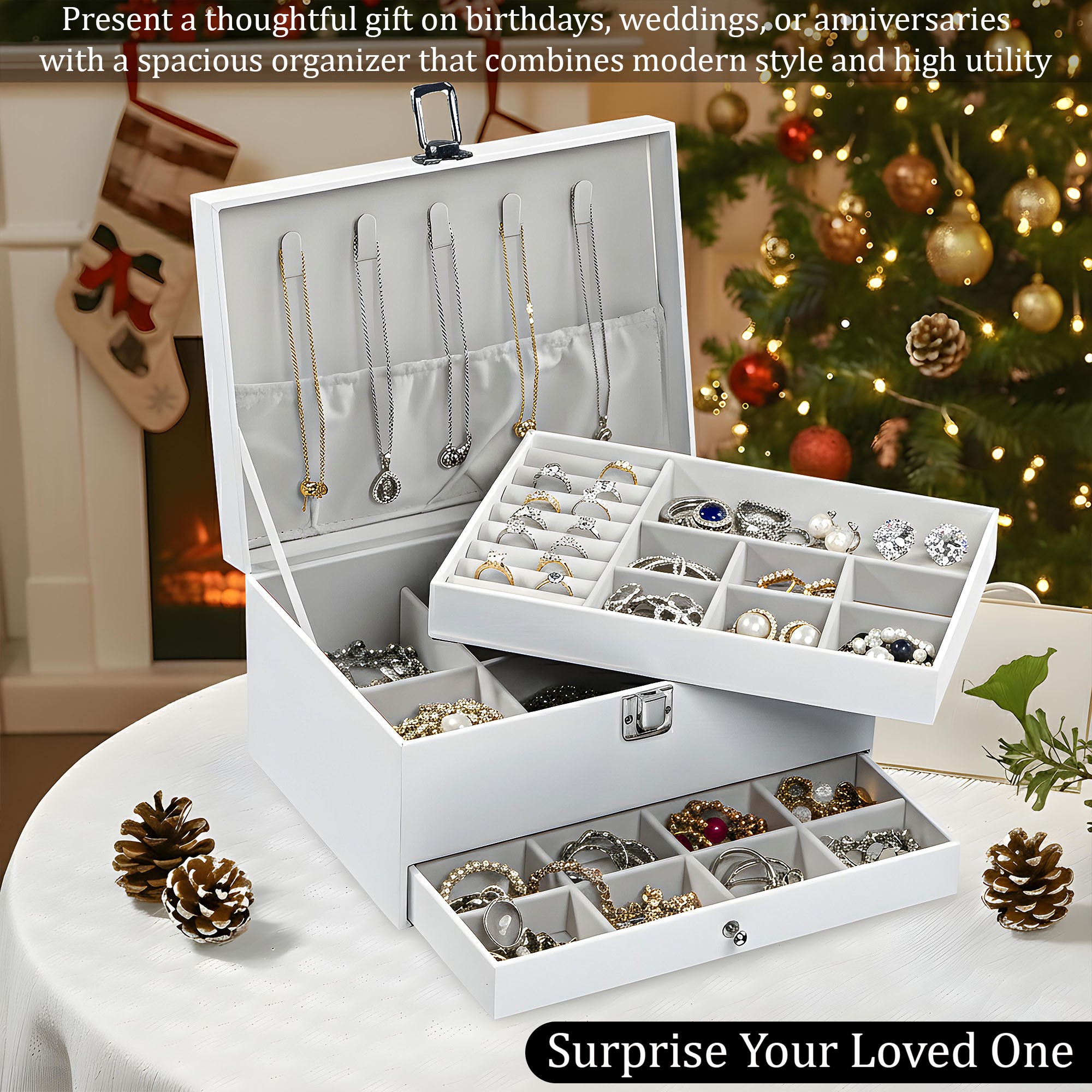 Leather Jewelry OrganizerDisplay Box for Rings Earrings Necklaces  Storage Case with Secure Lock  Ideal Gift for Women  Girls  White