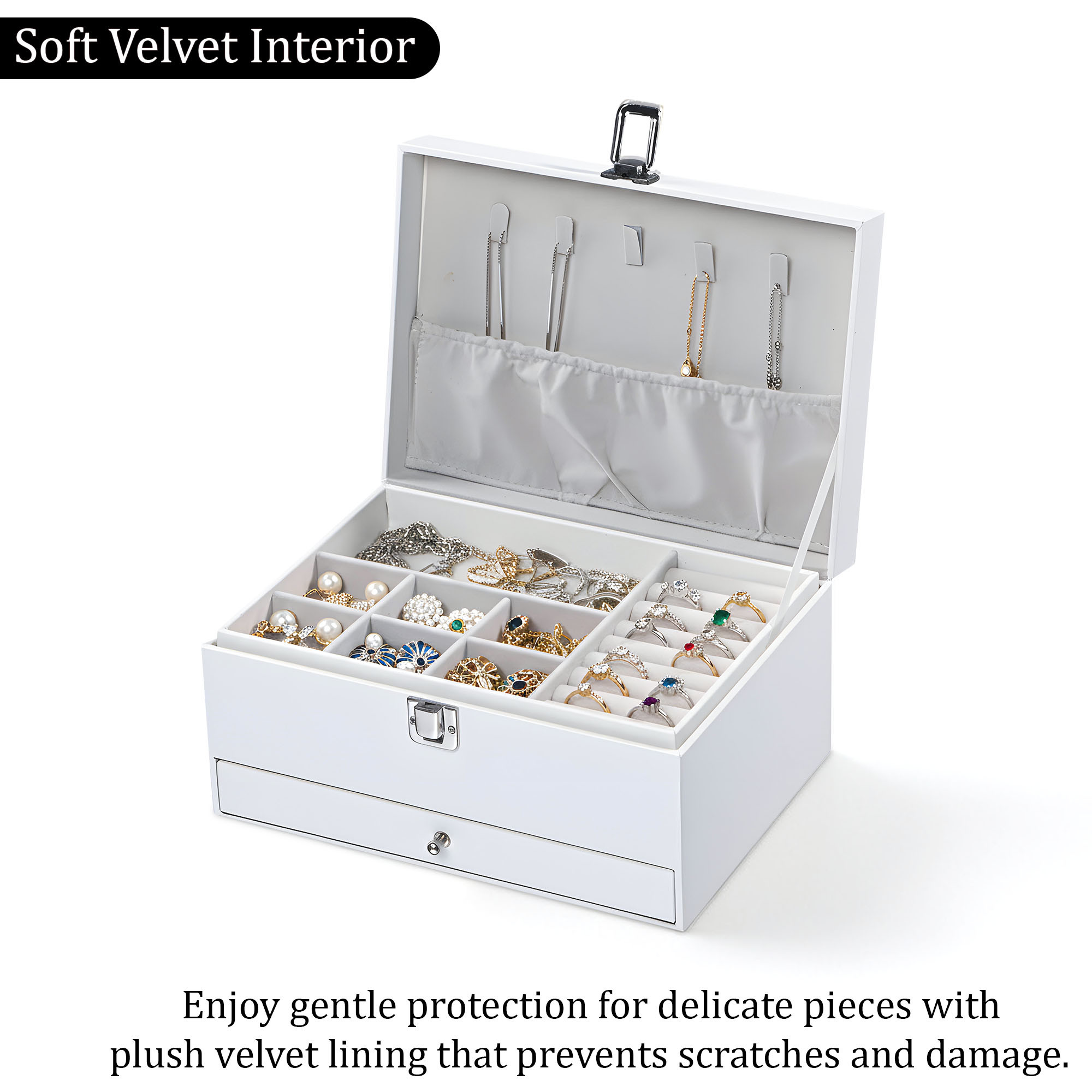 Leather Jewelry OrganizerDisplay Box for Rings Earrings Necklaces  Storage Case with Secure Lock  Ideal Gift for Women  Girls  White