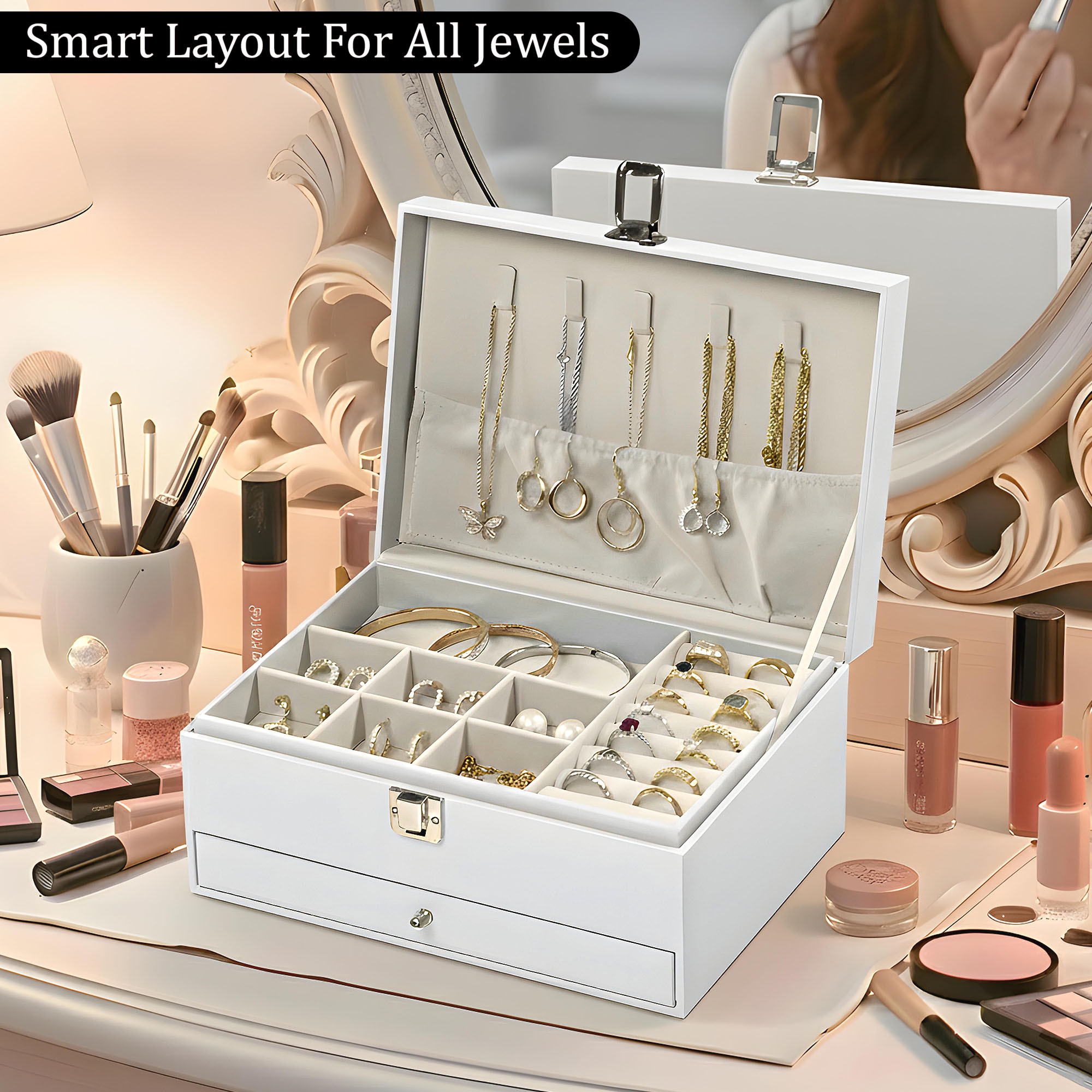 Leather Jewelry OrganizerDisplay Box for Rings Earrings Necklaces  Storage Case with Secure Lock  Ideal Gift for Women  Girls  White