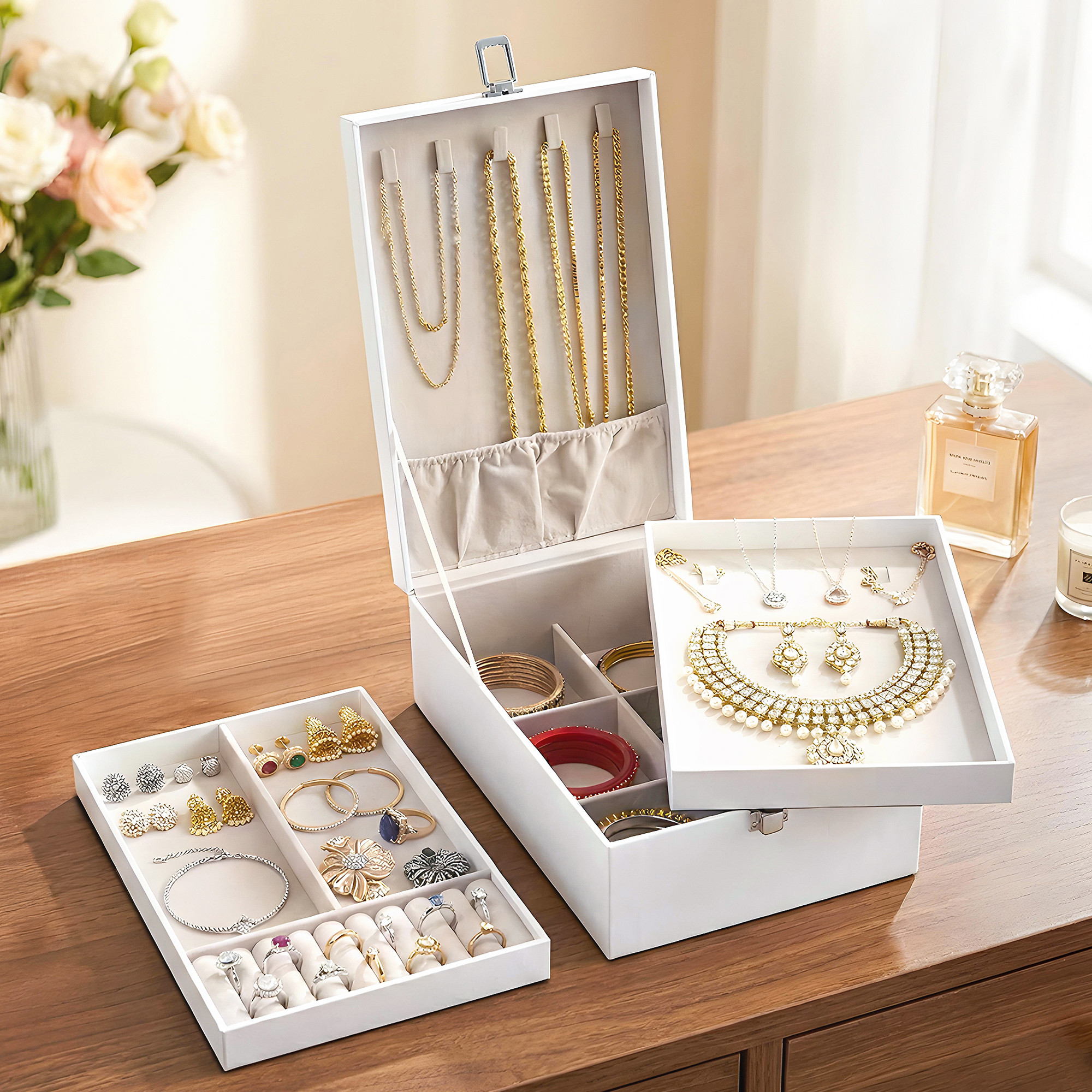 Leather Jewelry OrganizerDisplay Box for Rings Earrings Necklaces  Storage Case with Secure Lock  Ideal Gift for Women  Girls  White