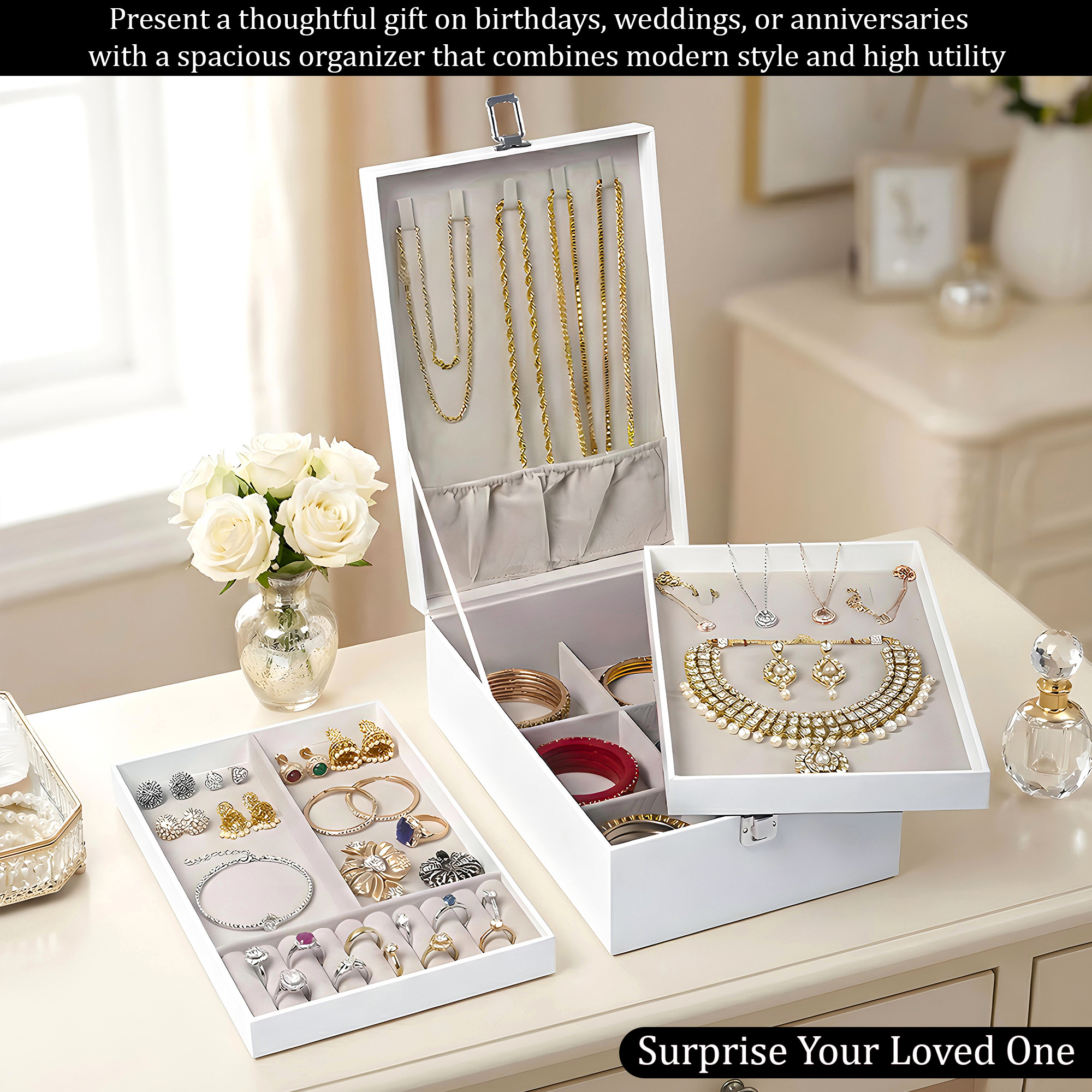 Leather Jewelry OrganizerDisplay Box for Rings Earrings Necklaces  Storage Case with Secure Lock  Ideal Gift for Women  Girls  White