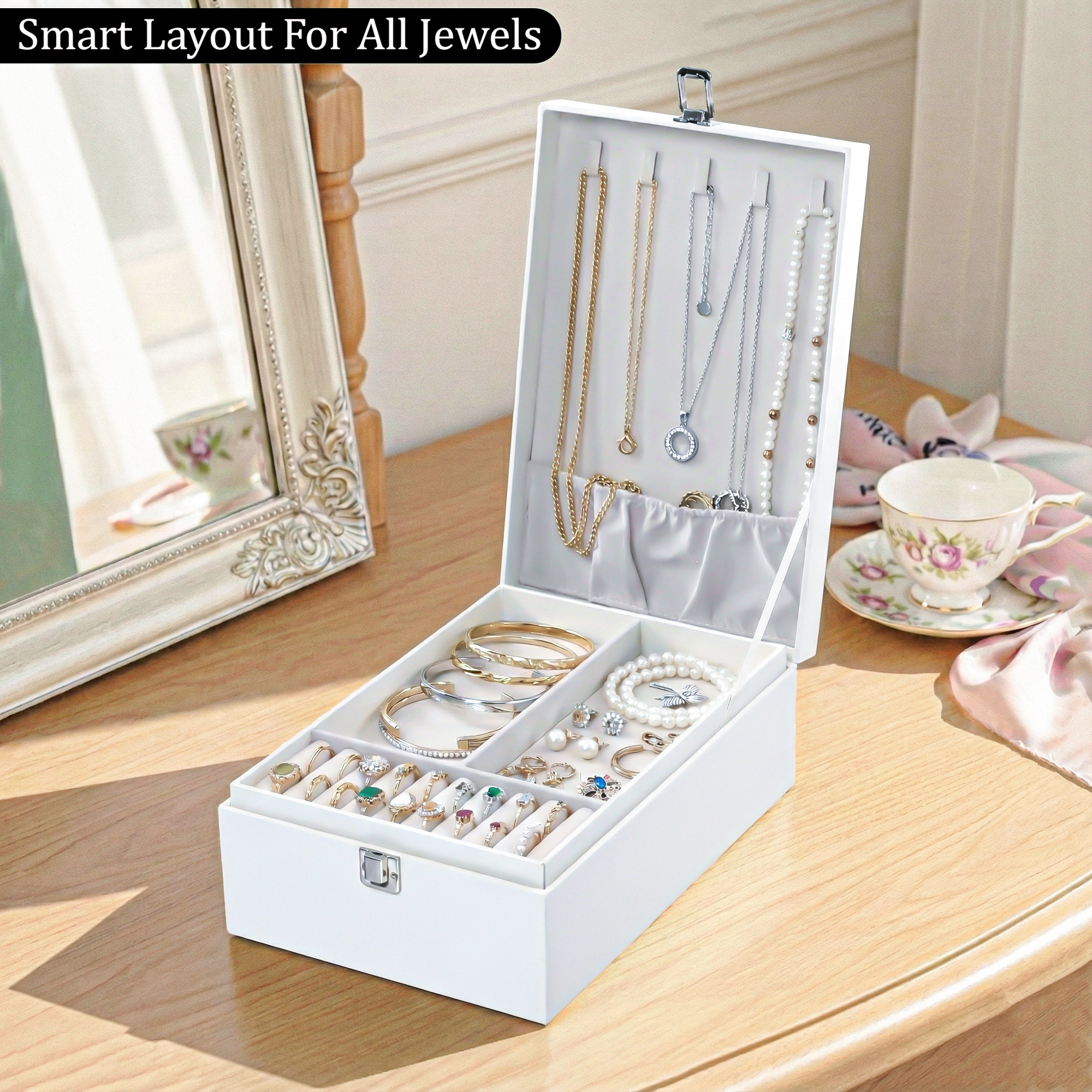 Leather Jewelry OrganizerDisplay Box for Rings Earrings Necklaces  Storage Case with Secure Lock  Ideal Gift for Women  Girls  White