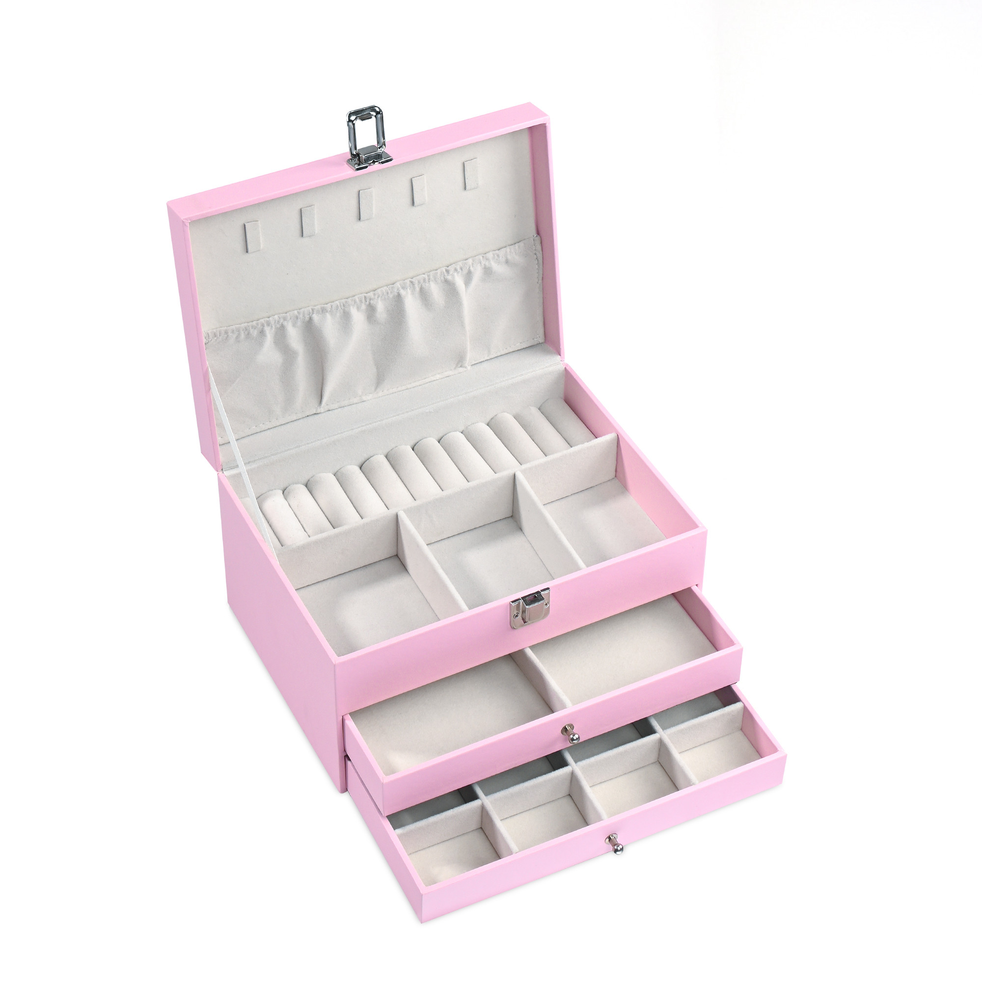 Leather Jewelry OrganizerDisplay Box for Rings Earrings Necklaces  Storage Case with Secure Lock  Ideal Gift for Women  Girls  Pink