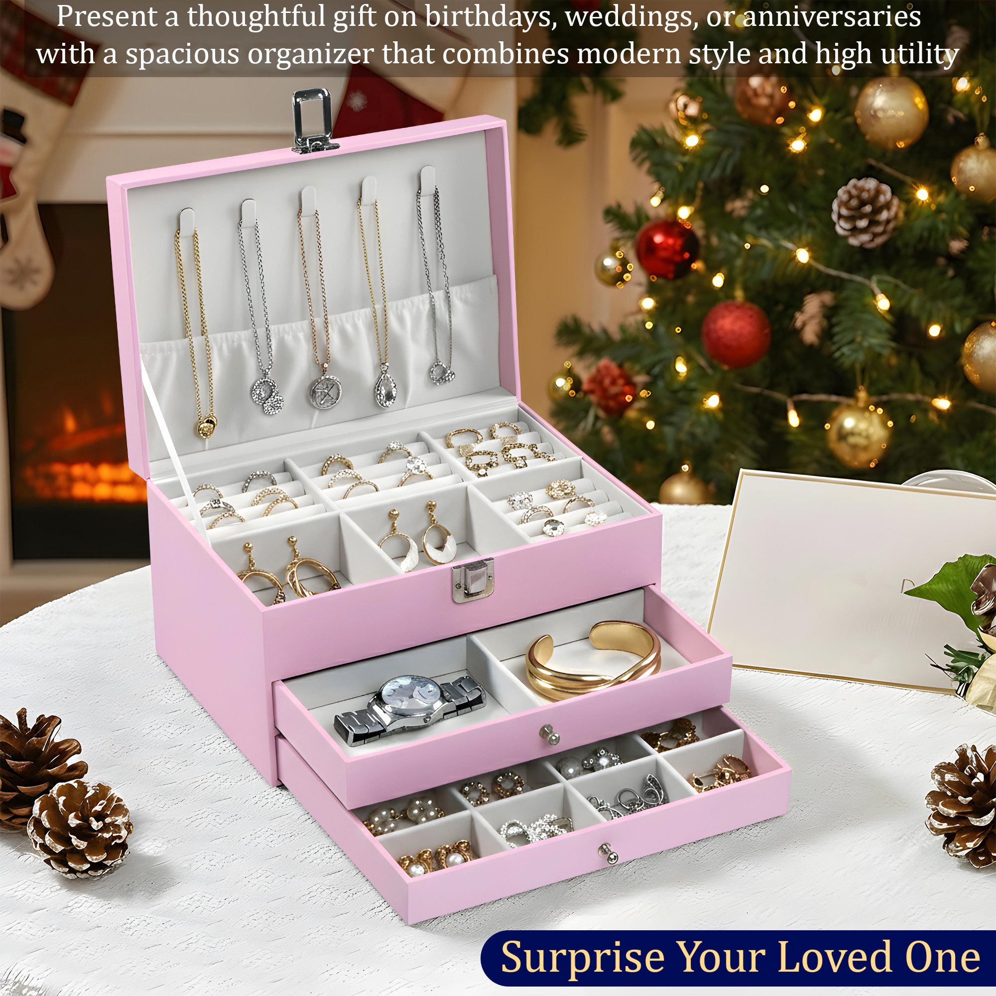 Leather Jewelry OrganizerDisplay Box for Rings Earrings Necklaces  Storage Case with Secure Lock  Ideal Gift for Women  Girls  Pink