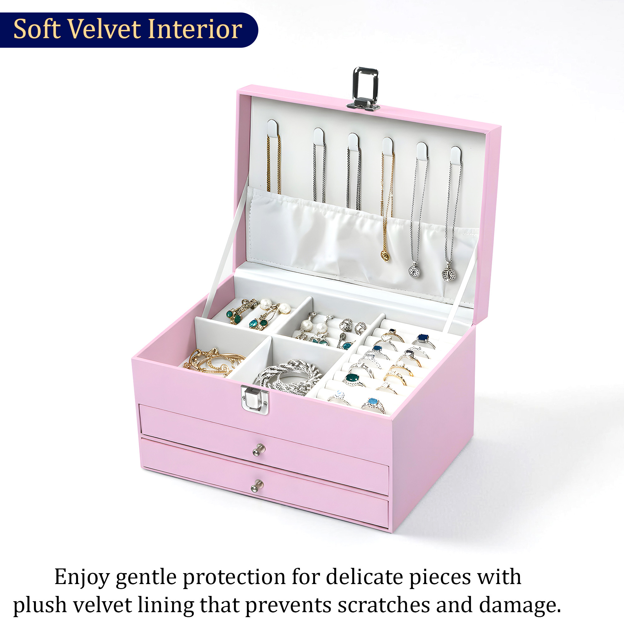 Leather Jewelry OrganizerDisplay Box for Rings Earrings Necklaces  Storage Case with Secure Lock  Ideal Gift for Women  Girls  Pink