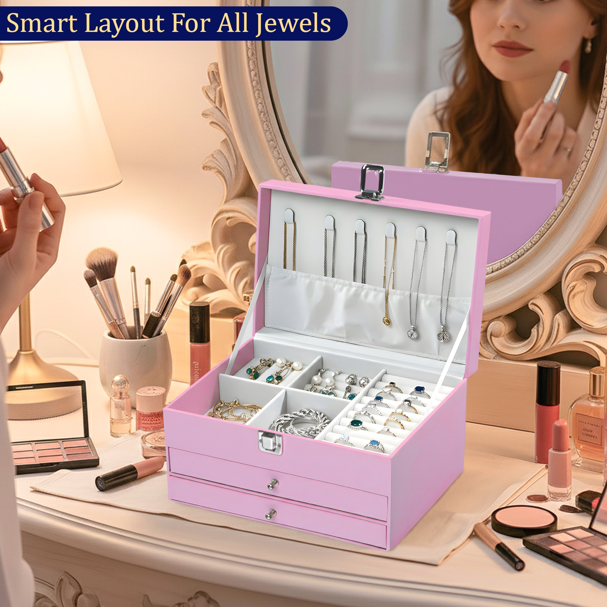 Leather Jewelry OrganizerDisplay Box for Rings Earrings Necklaces  Storage Case with Secure Lock  Ideal Gift for Women  Girls  Pink