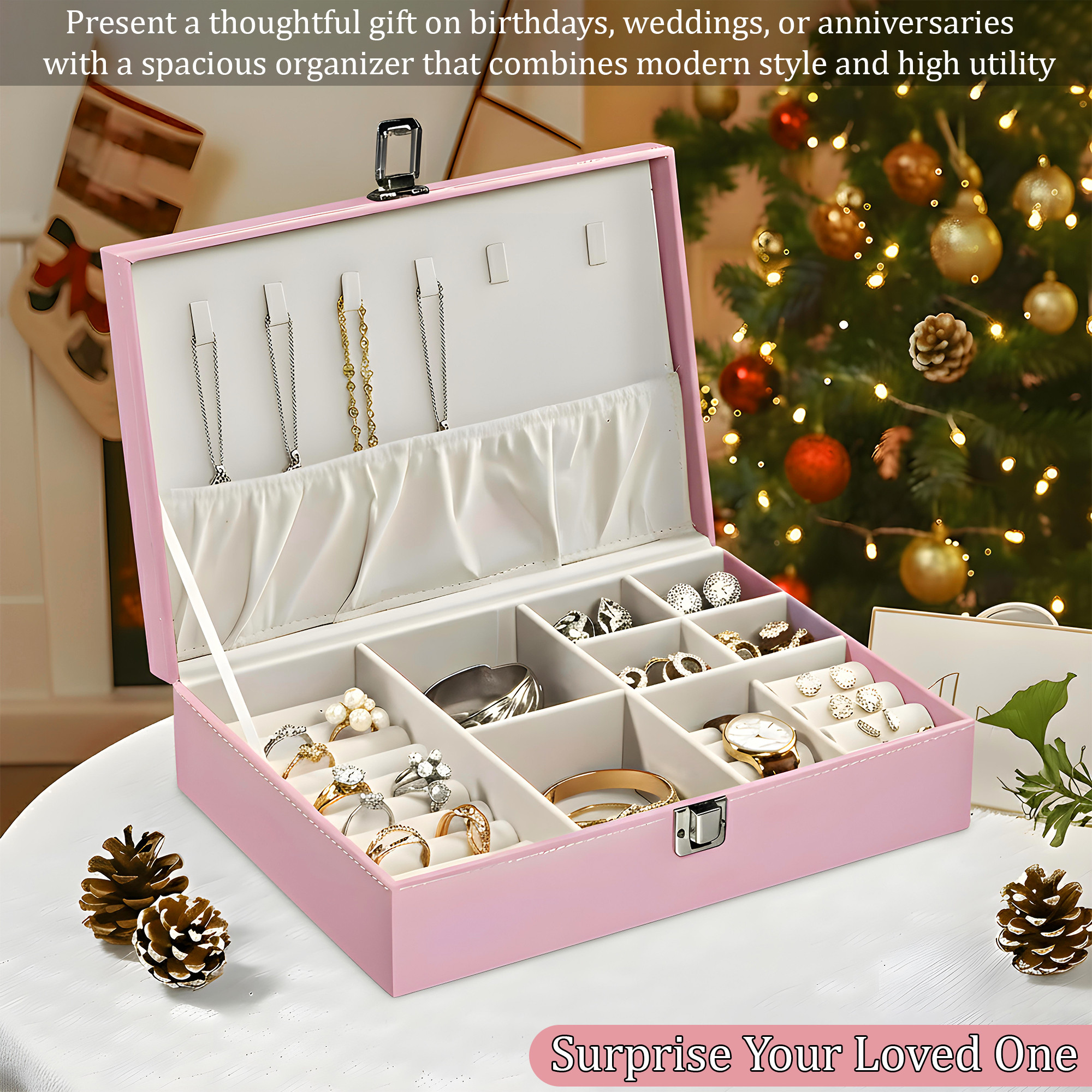 Leather Jewelry OrganizerDisplay Box for Rings Earrings Necklaces  Storage Case with Secure Lock  Ideal Gift for Women  Girls  Pink