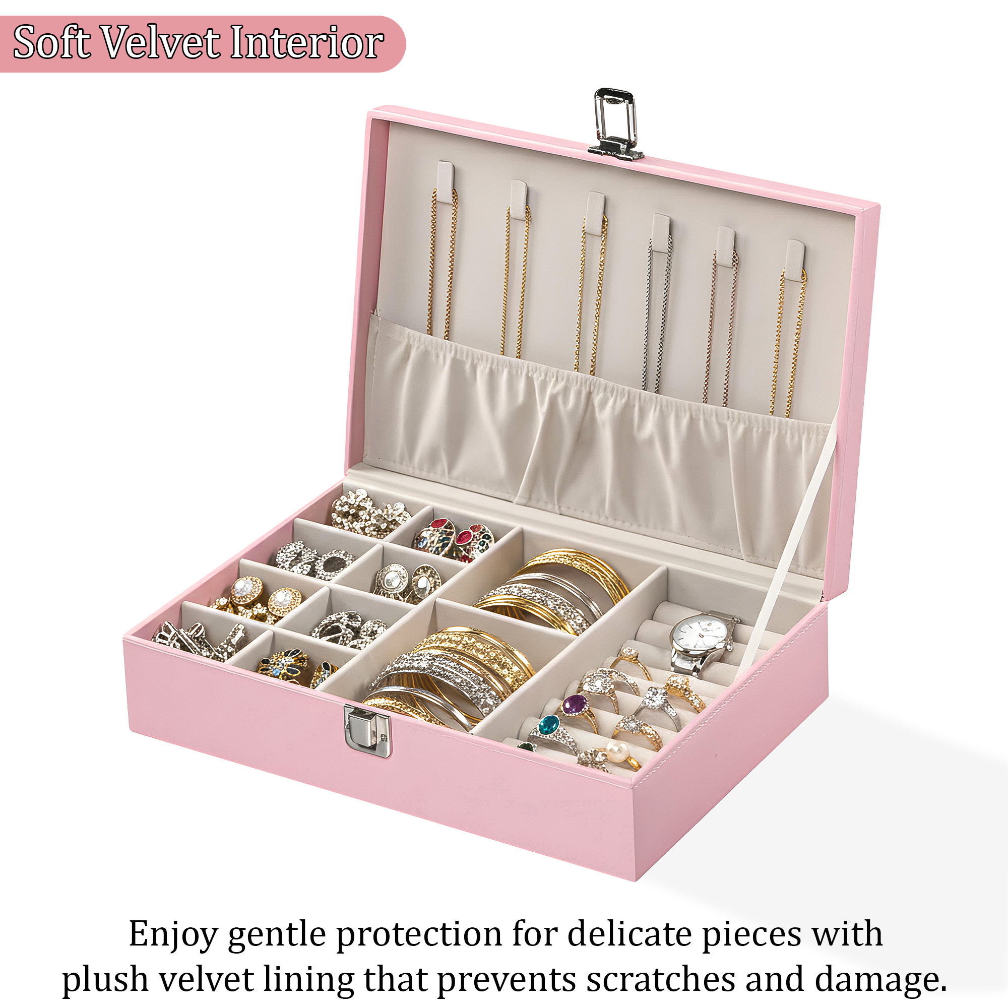 Leather Jewelry OrganizerDisplay Box for Rings Earrings Necklaces  Storage Case with Secure Lock  Ideal Gift for Women  Girls  Pink