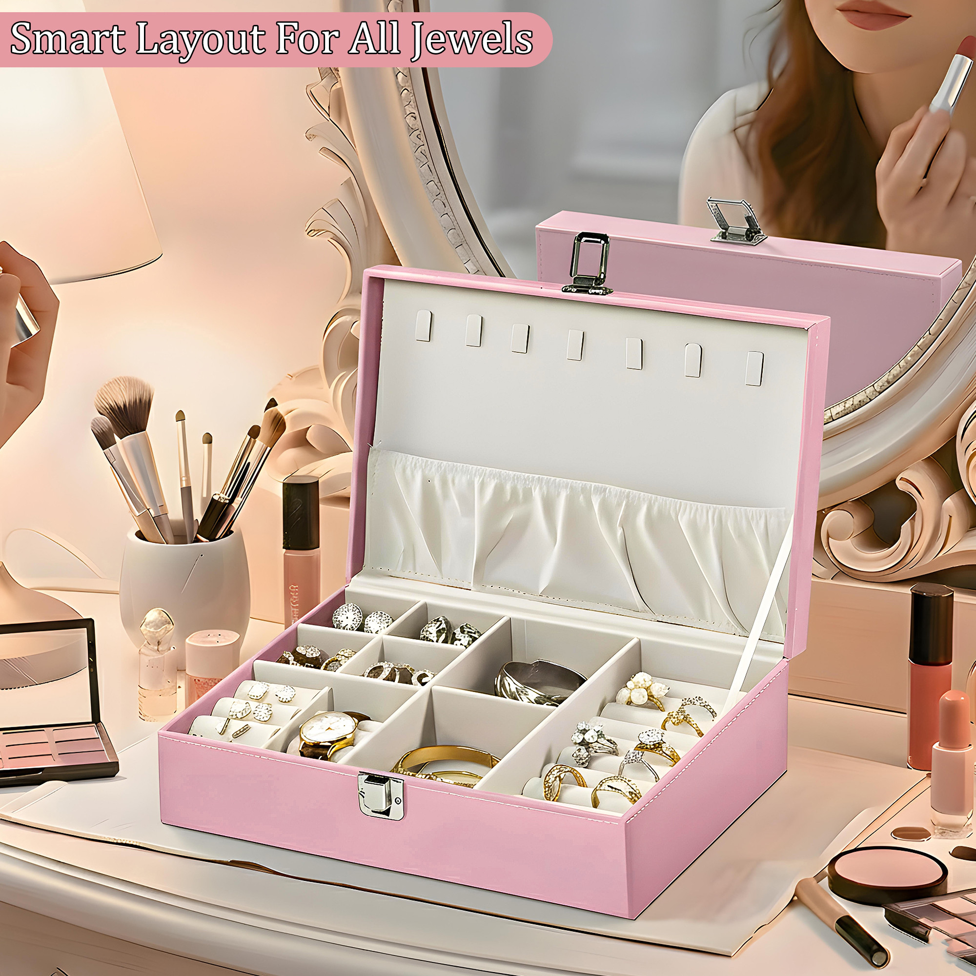 Leather Jewelry OrganizerDisplay Box for Rings Earrings Necklaces  Storage Case with Secure Lock  Ideal Gift for Women  Girls  Pink
