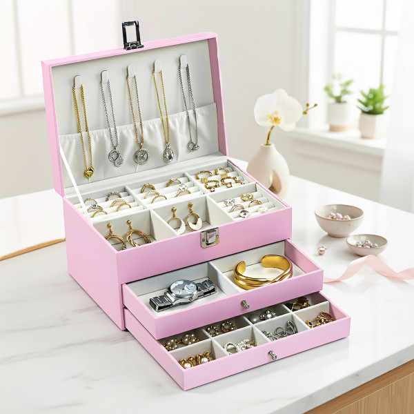Leather Jewelry OrganizerDisplay Box for Rings Earrings Necklaces  Storage Case with Secure Lock  Ideal Gift for Women  Girls  Pink
