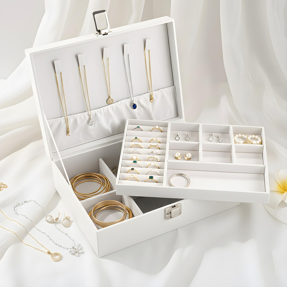Image of Leather Jewelry Organizer/Display Box for Rings, Earrings, Necklaces | Storage Case with Secure Lock | Ideal Gift for Women &amp; Girls | White