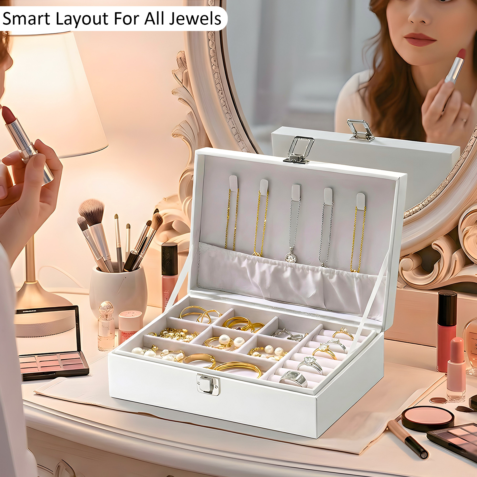 Leather Jewelry OrganizerDisplay Box for Rings Earrings Necklaces  Storage Case with Secure Lock  Ideal Gift for Women  Girls  White