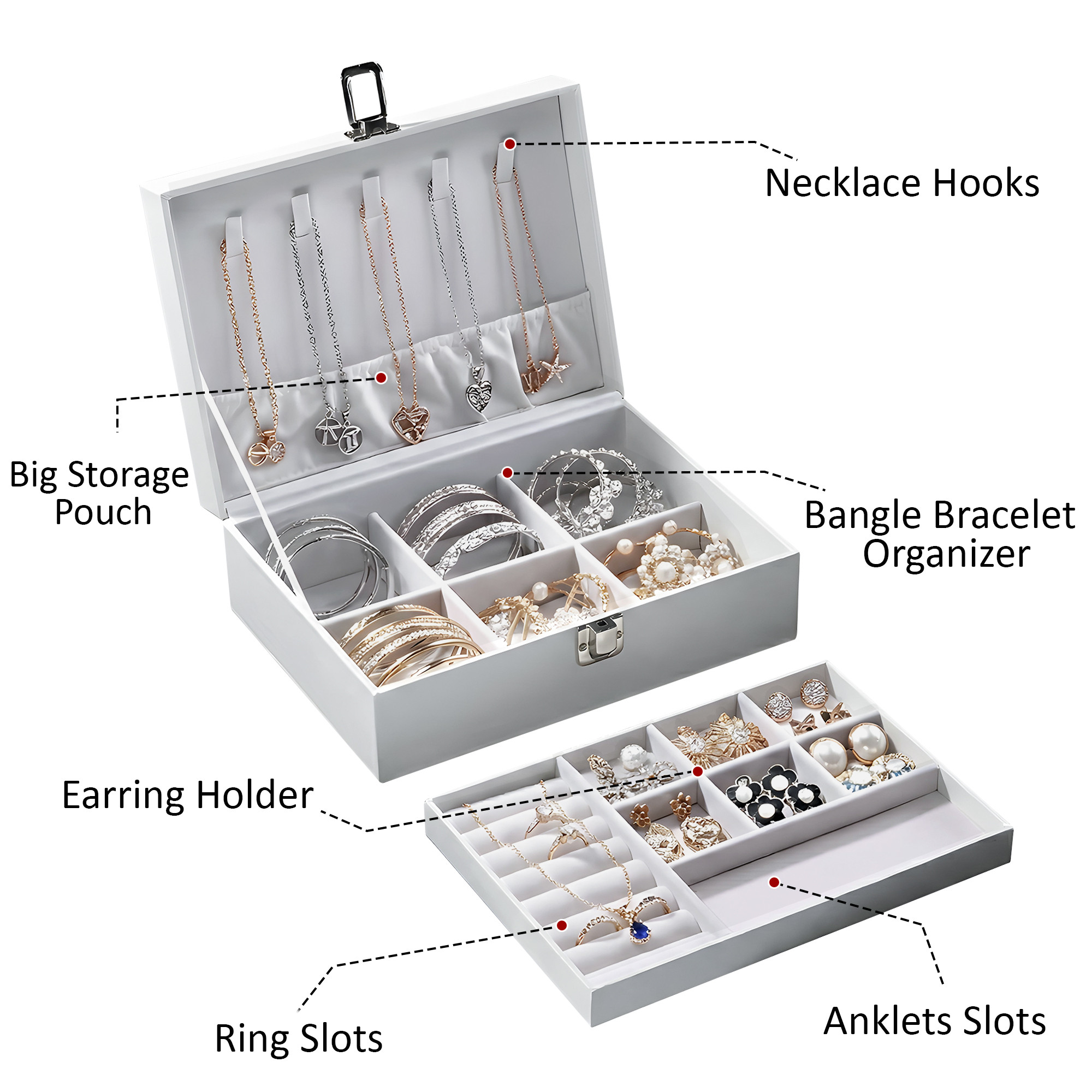 Leather Jewelry OrganizerDisplay Box for Rings Earrings Necklaces  Storage Case with Secure Lock  Ideal Gift for Women  Girls  White