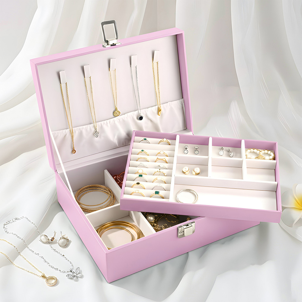 Image of Leather Jewelry Organizer/Display Box for Rings, Earrings, Necklaces | Storage Case with Secure Lock | Ideal Gift for Women &amp; Girls | Pink