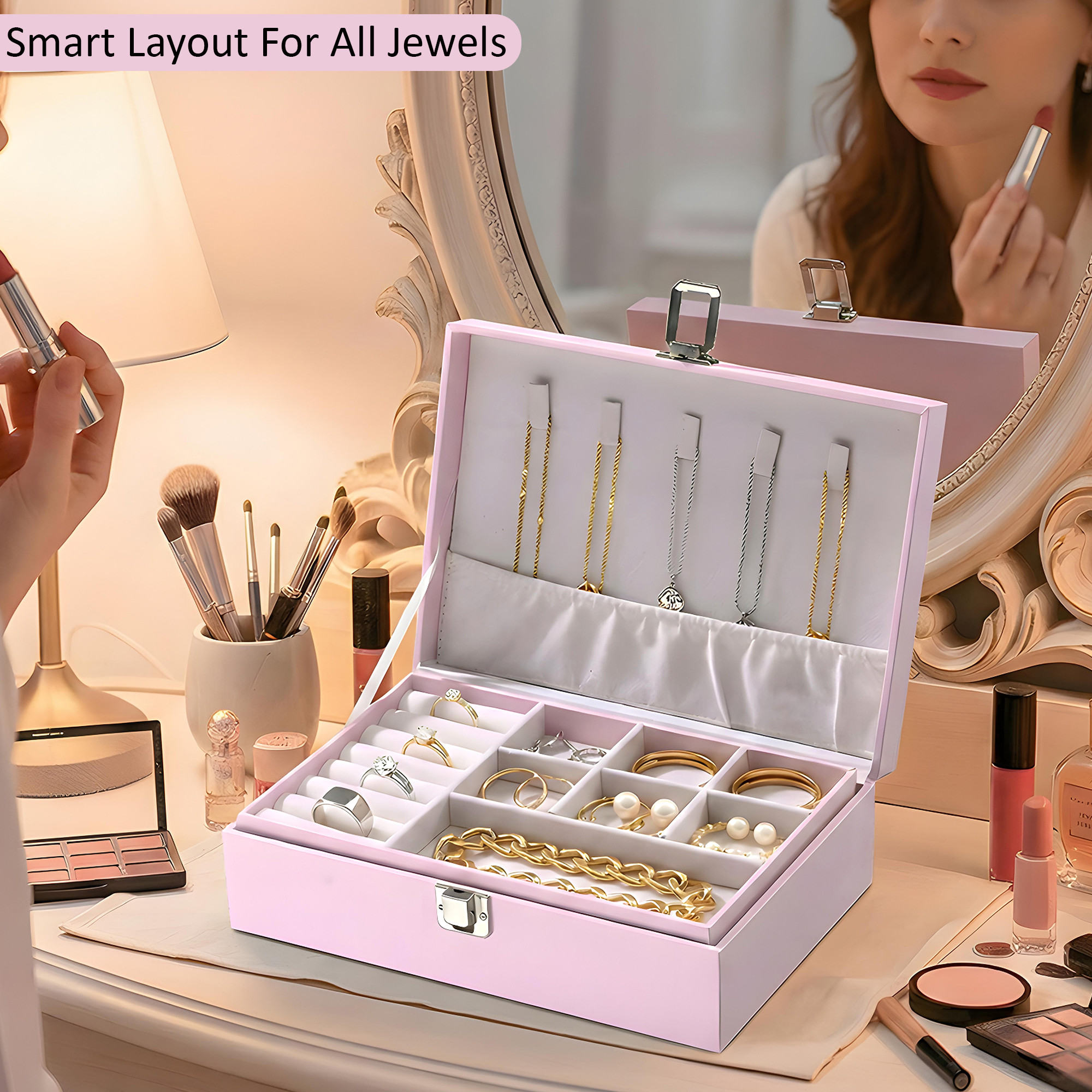 Leather Jewelry OrganizerDisplay Box for Rings Earrings Necklaces  Storage Case with Secure Lock  Ideal Gift for Women  Girls  Pink