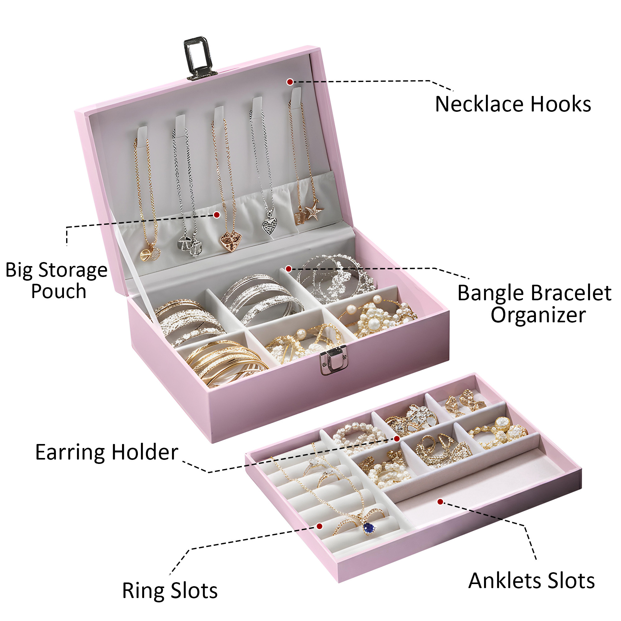Leather Jewelry OrganizerDisplay Box for Rings Earrings Necklaces  Storage Case with Secure Lock  Ideal Gift for Women  Girls  Pink