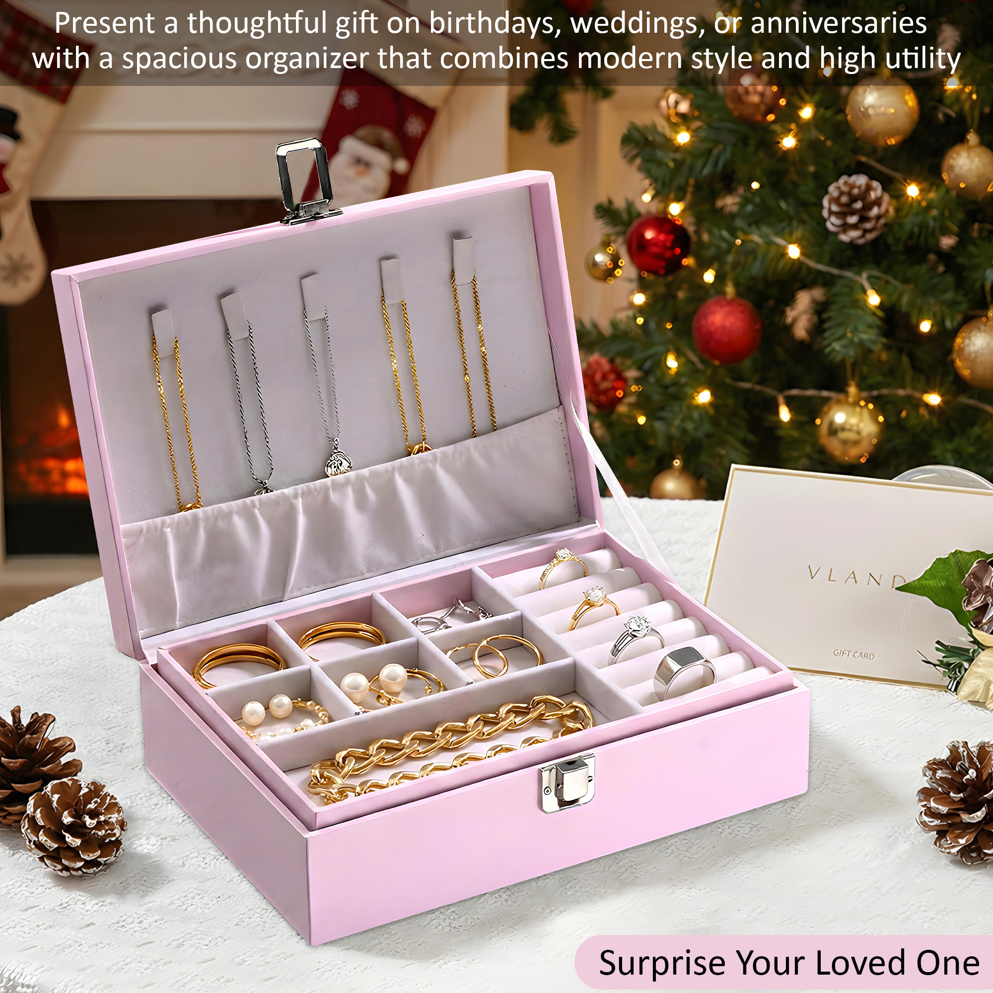 Leather Jewelry OrganizerDisplay Box for Rings Earrings Necklaces  Storage Case with Secure Lock  Ideal Gift for Women  Girls  Pink