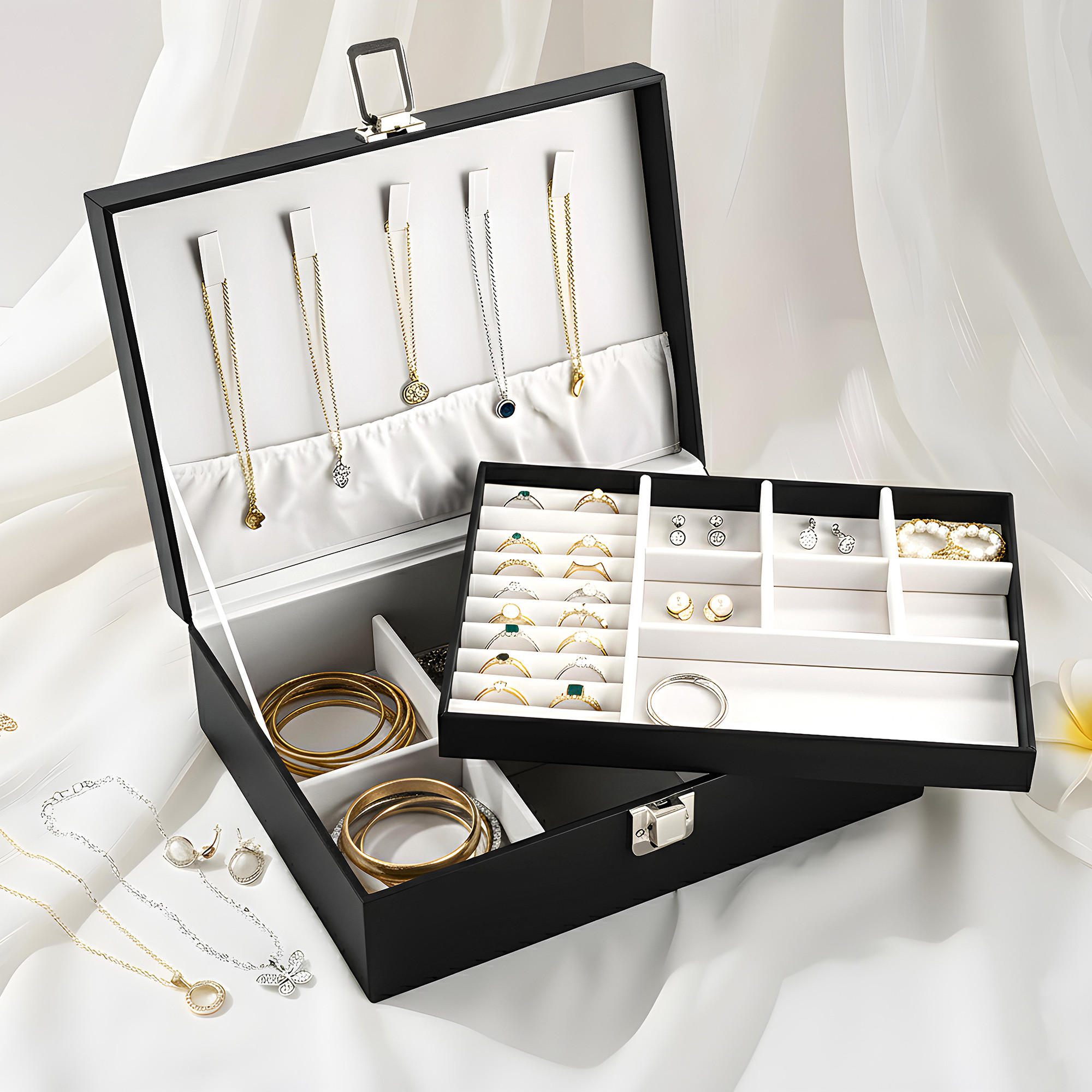 Leather Jewelry OrganizerDisplay Box for Rings Earrings Necklaces  Storage Case with Secure Lock  Ideal Gift for Women  Girls  Black