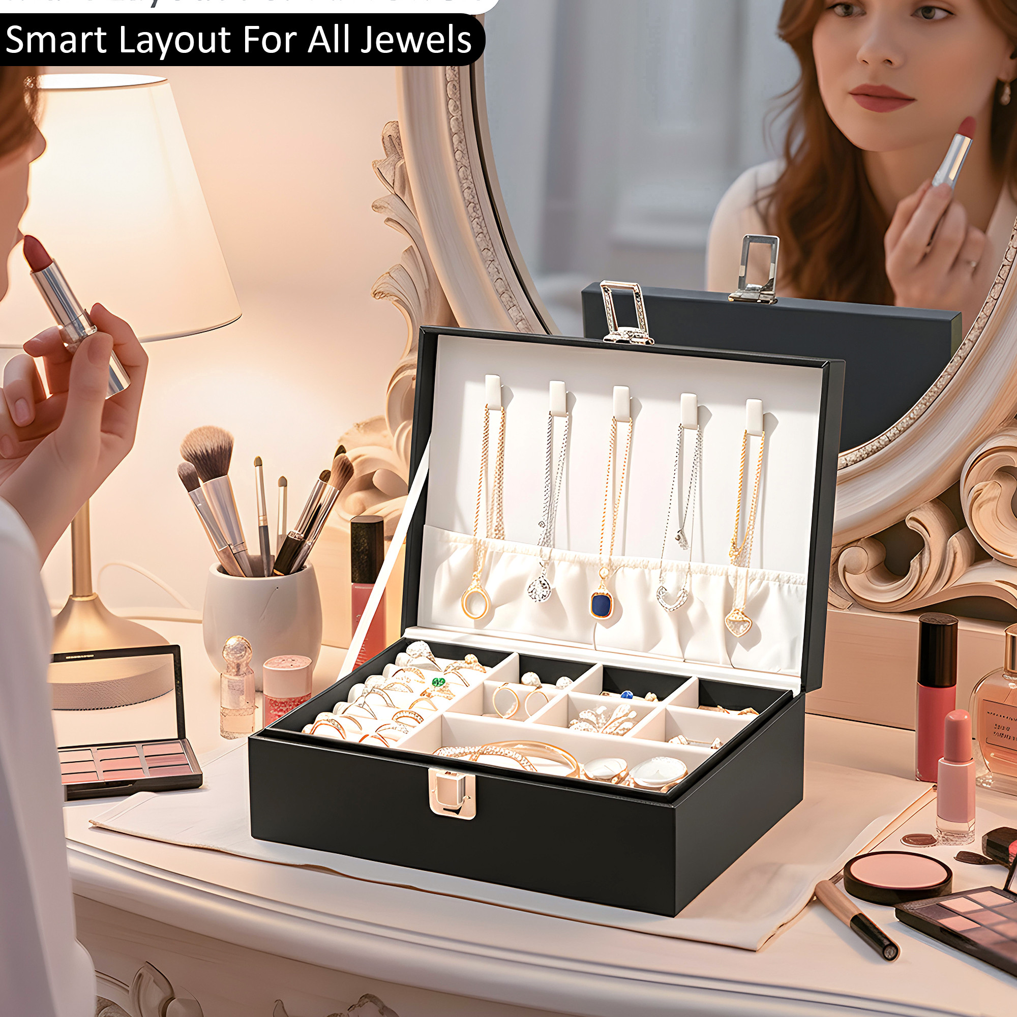 Leather Jewelry OrganizerDisplay Box for Rings Earrings Necklaces  Storage Case with Secure Lock  Ideal Gift for Women  Girls  Black