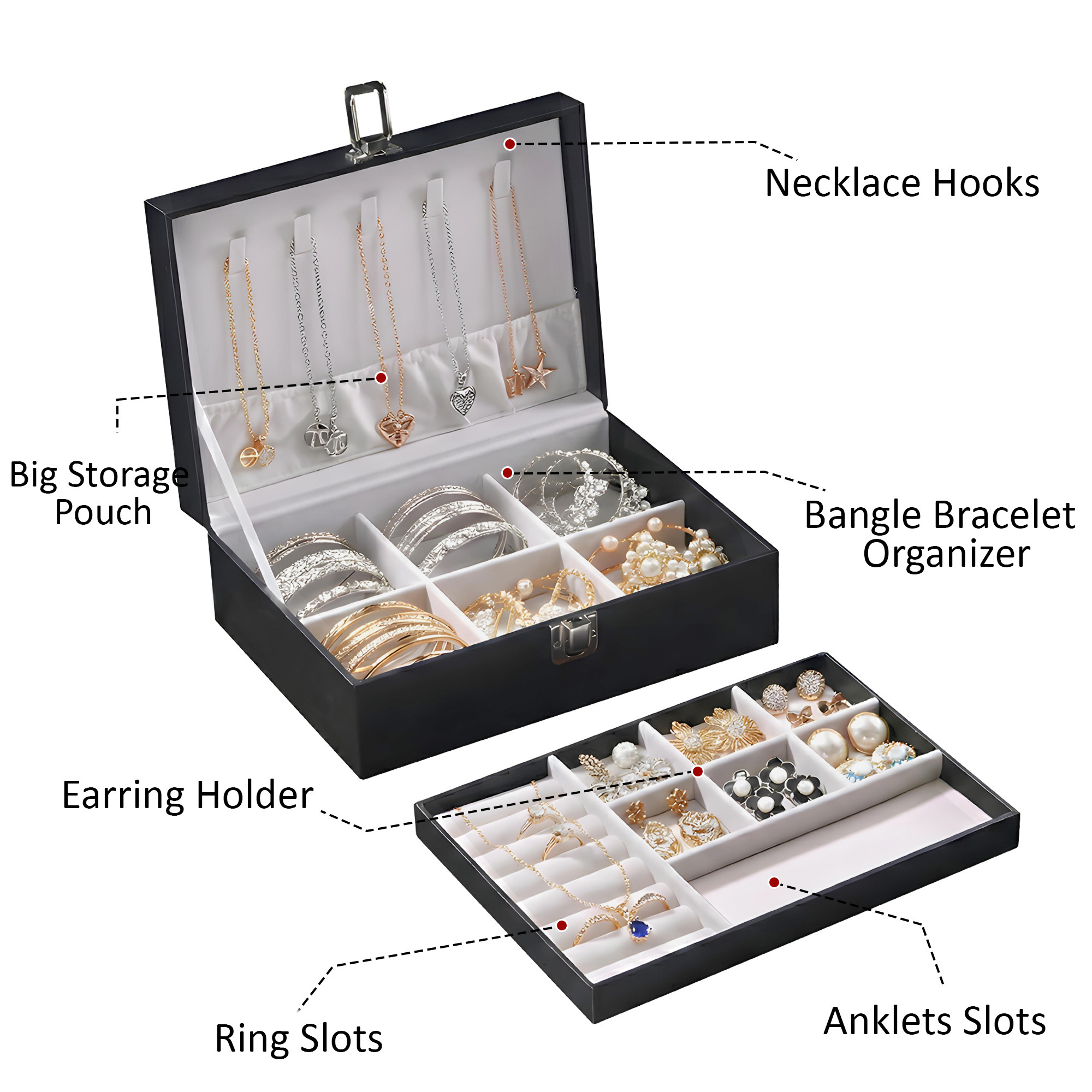 Leather Jewelry OrganizerDisplay Box for Rings Earrings Necklaces  Storage Case with Secure Lock  Ideal Gift for Women  Girls  Black