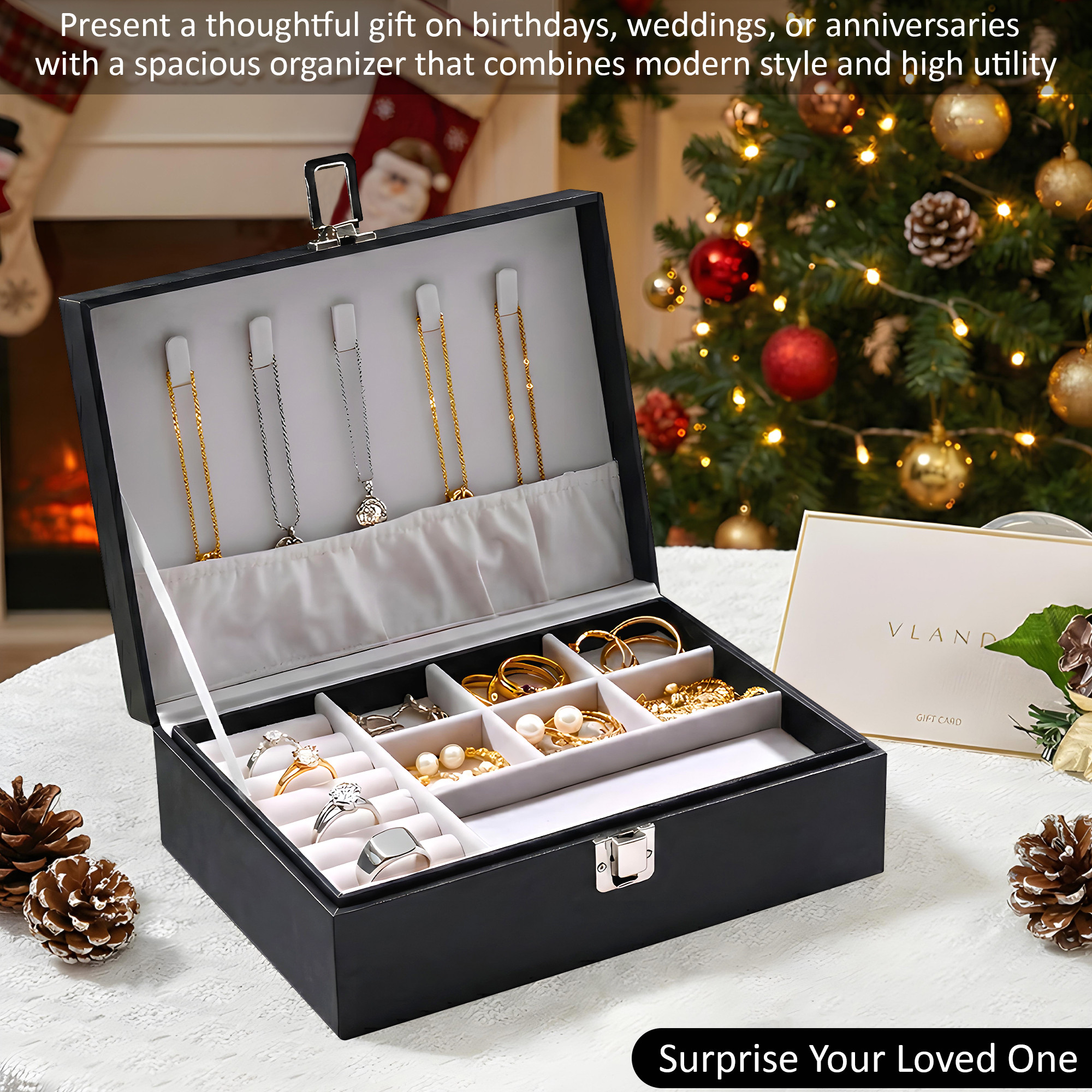 Leather Jewelry OrganizerDisplay Box for Rings Earrings Necklaces  Storage Case with Secure Lock  Ideal Gift for Women  Girls  Black