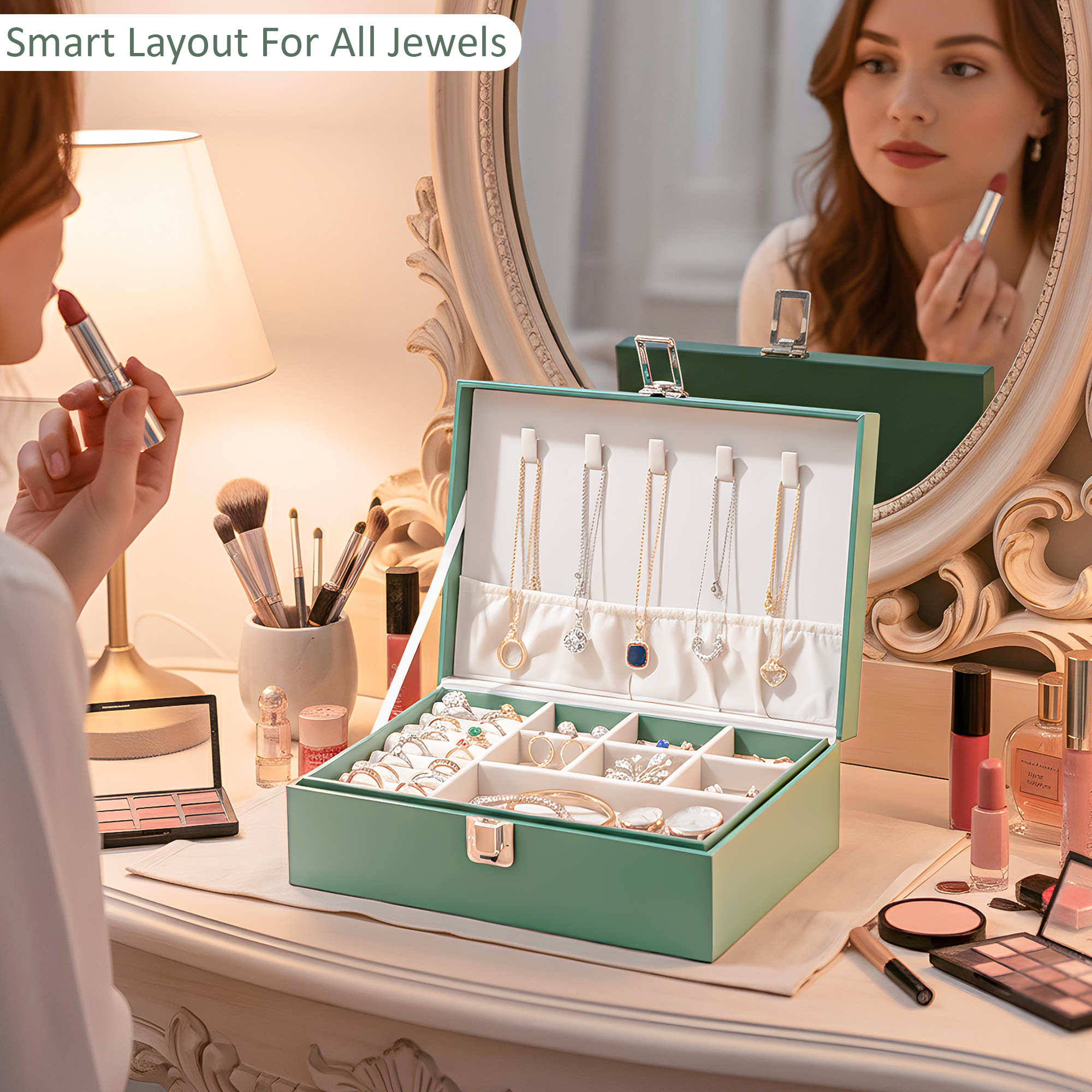 Leather Jewelry OrganizerDisplay Box for Rings Earrings Necklaces  Storage Case with Secure Lock  Ideal Gift for Women  Girls  Green