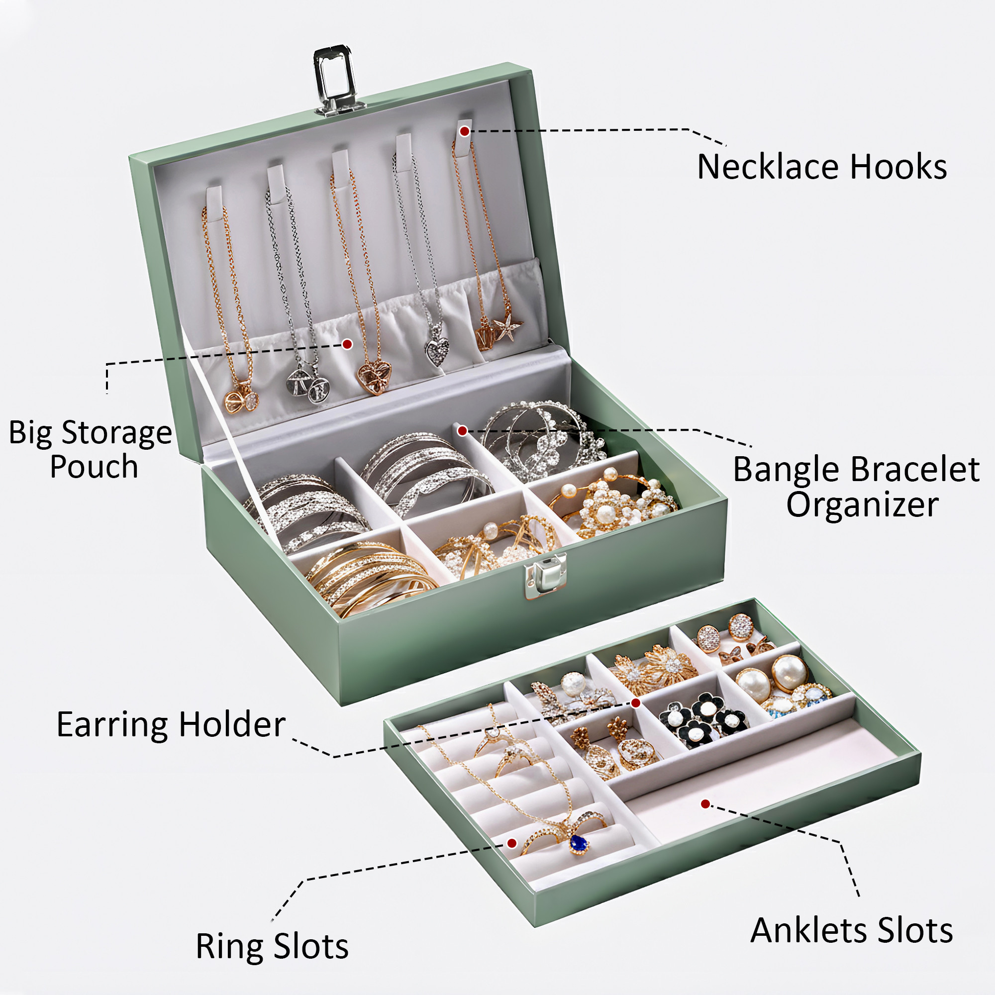 Leather Jewelry OrganizerDisplay Box for Rings Earrings Necklaces  Storage Case with Secure Lock  Ideal Gift for Women  Girls  Green