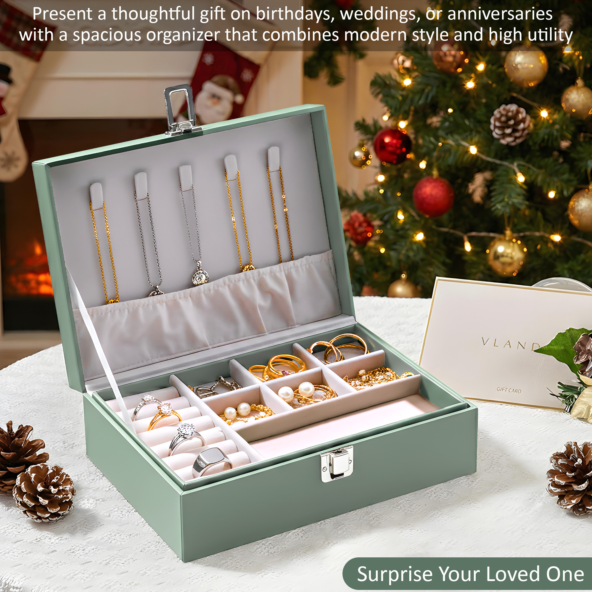 Leather Jewelry OrganizerDisplay Box for Rings Earrings Necklaces  Storage Case with Secure Lock  Ideal Gift for Women  Girls  Green