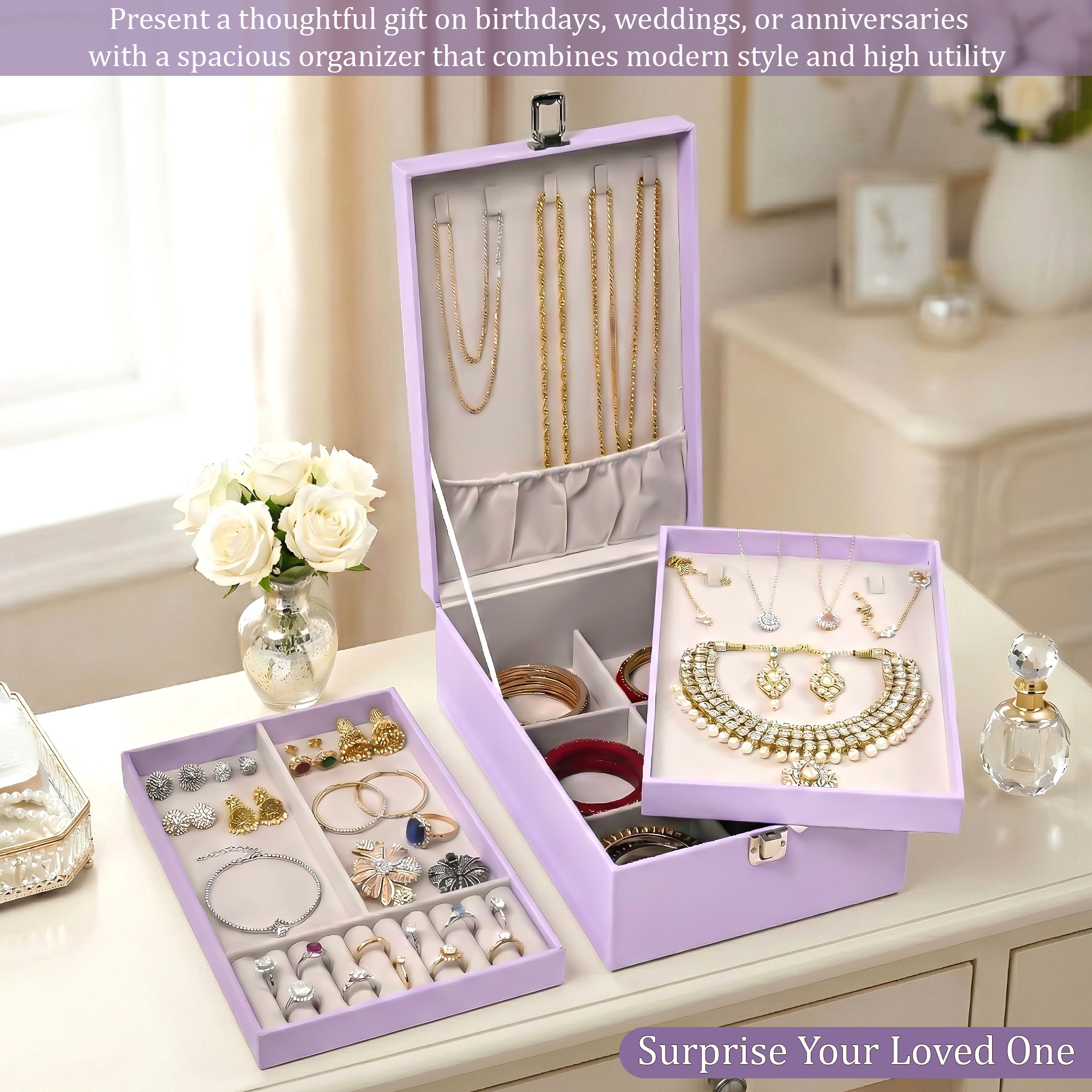 Leather Single Jewellery Box for Women  Girls  Lockable Necklace Ring Earring Organizer for Gift  Travel Friendly  Lavender