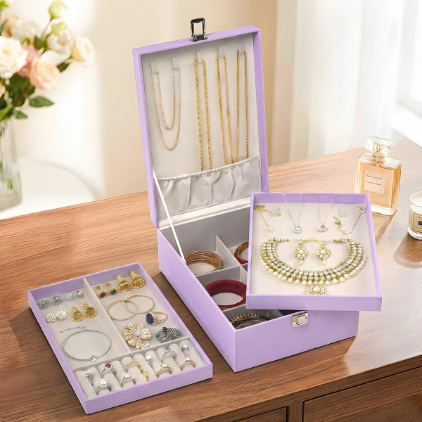 Leather Single Jewellery Box for Women  Girls  Lockable Necklace Ring Earring Organizer for Gift  Travel Friendly  Lavender