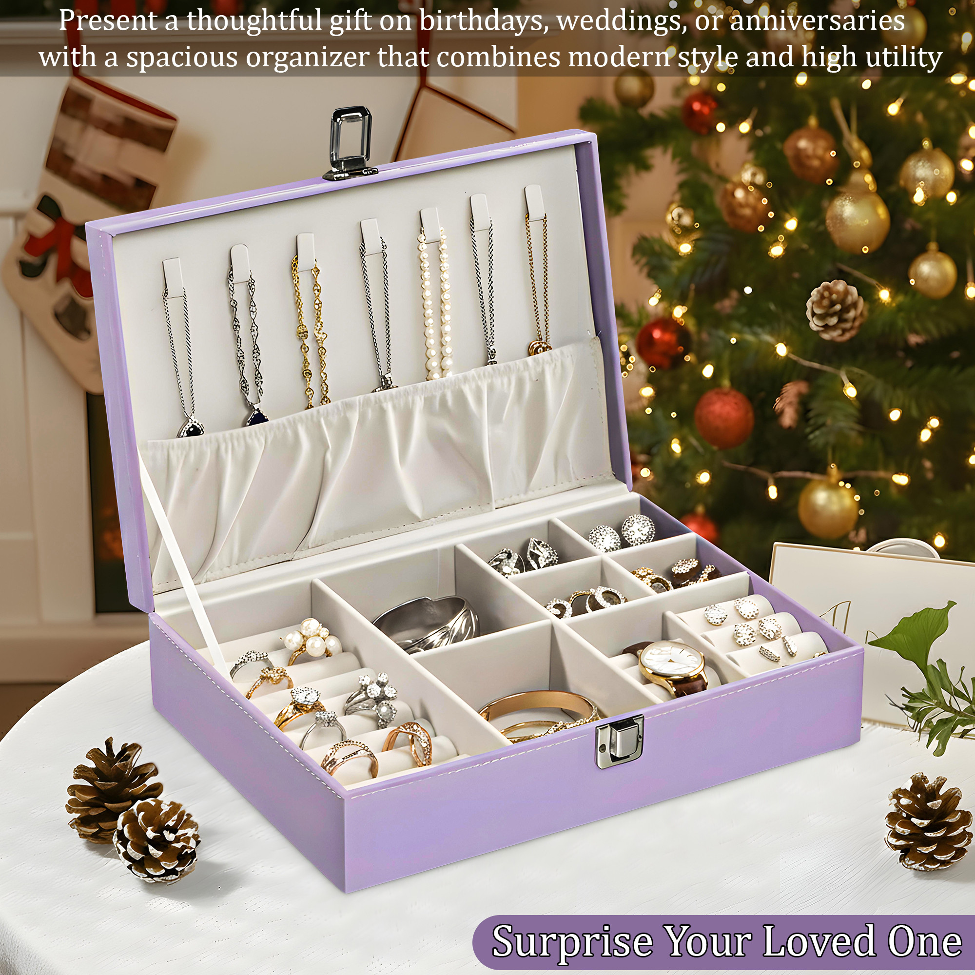 Leather Single Jewellery Box for Women  Girls  Lockable Necklace Ring Earring Organizer for Gift  Travel Friendly  Lavender