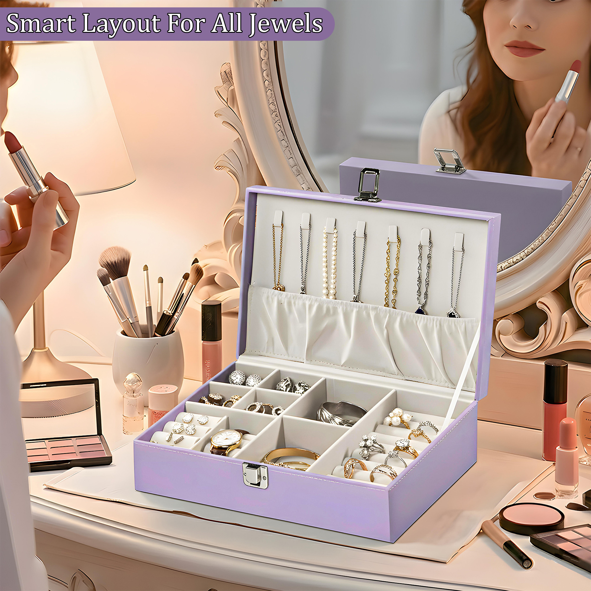 Leather Single Jewellery Box for Women  Girls  Lockable Necklace Ring Earring Organizer for Gift  Travel Friendly  Lavender