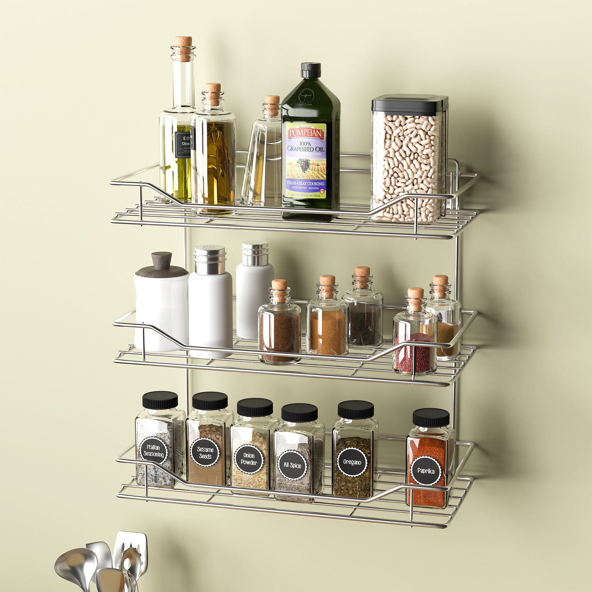Stainless Steel Multipurpose Kitchen Wall Storage Rack  Three Tier Shelf Shelves for Spice Boxes  House Utensils  Organiser Stand - Silver