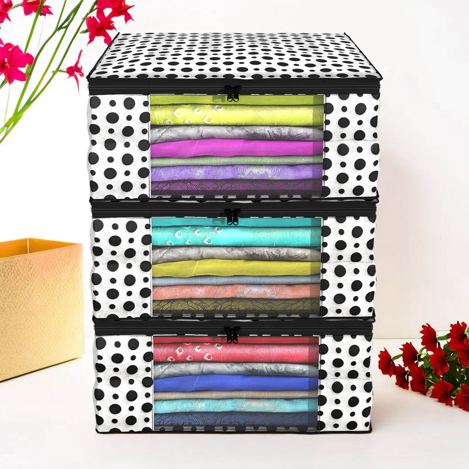 Kuber Industries Polka Dots Design Non Woven Fabric Saree Cover/ Clothes Organiser For Wardrobe Set with Transparent Window, Extra Large,(Black & White) -CTKTC38087