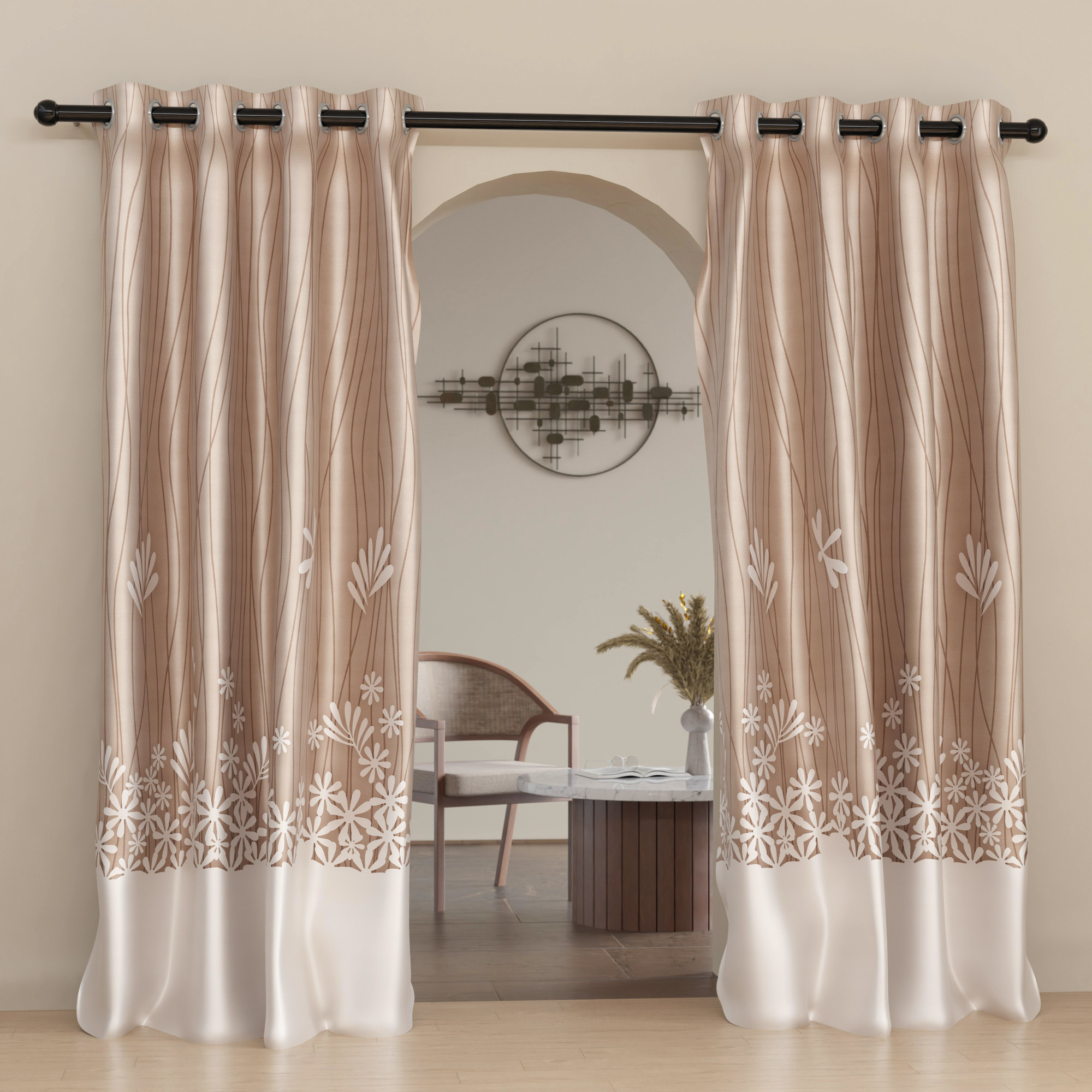 2 Pcs Polyester Door Curtains 7 Feet  Aesthetic Curtains for Bedroom and Living Room Decoration  Kitchen and Room Parda  Digital Lining - Cream Brown