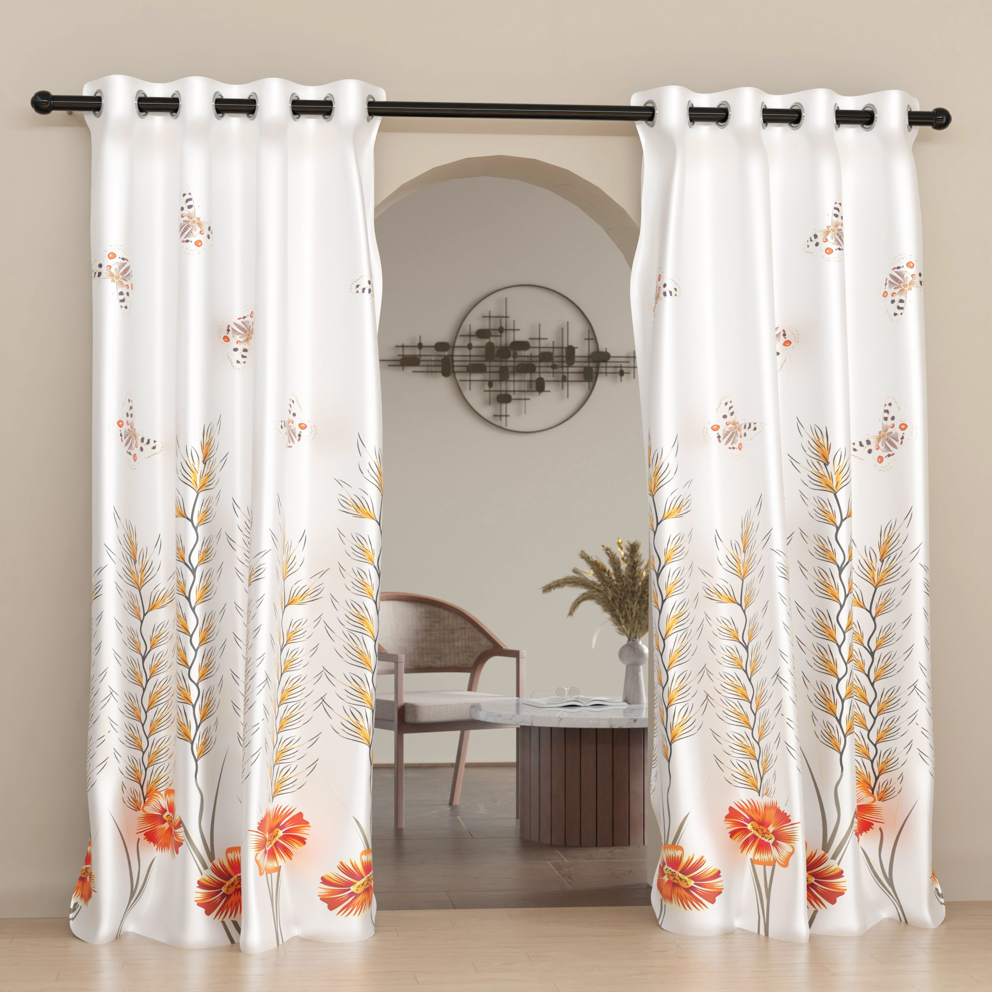 2 Pcs Polyester Door Curtains 7 Feet  Aesthetic Curtains for Bedroom and Living Room Decoration  Kitchen and Room Parda  Digital Butterfly - White