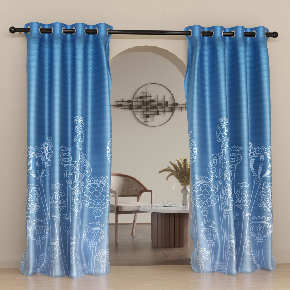 Image of 2 Pcs Polyester Door Curtains 7 Feet | Aesthetic Curtains for Bedroom and Living Room Decoration | Kitchen and Room Parda | Digital Matki Flower - Blue