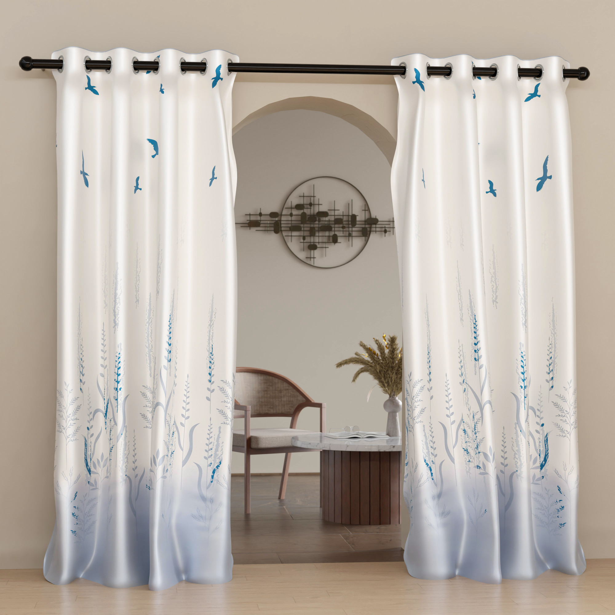 2 Pcs Polyester Door Curtains 7 Feet  Aesthetic Curtains for Bedroom and Living Room Decoration  Kitchen and Room Parda  Digital Birds - White  Grey