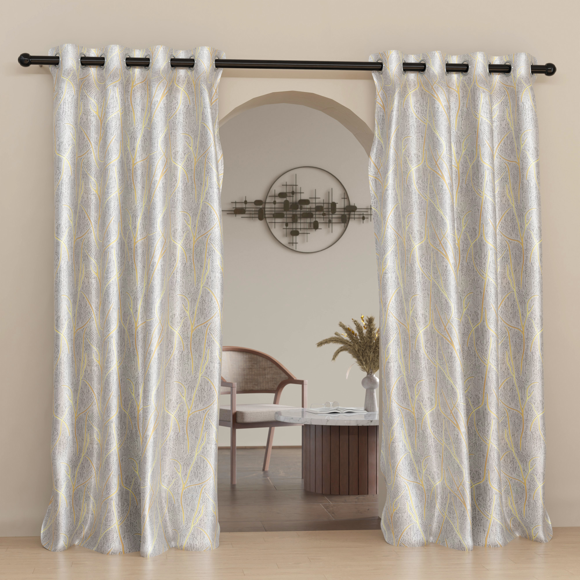 2 Pcs Polyester Door Curtains 7 Feet Long  Aesthetic Curtains for Bedroom and Living Room Decoration  Kitchen and Room Parda  Digital Branches - Grey  Golden