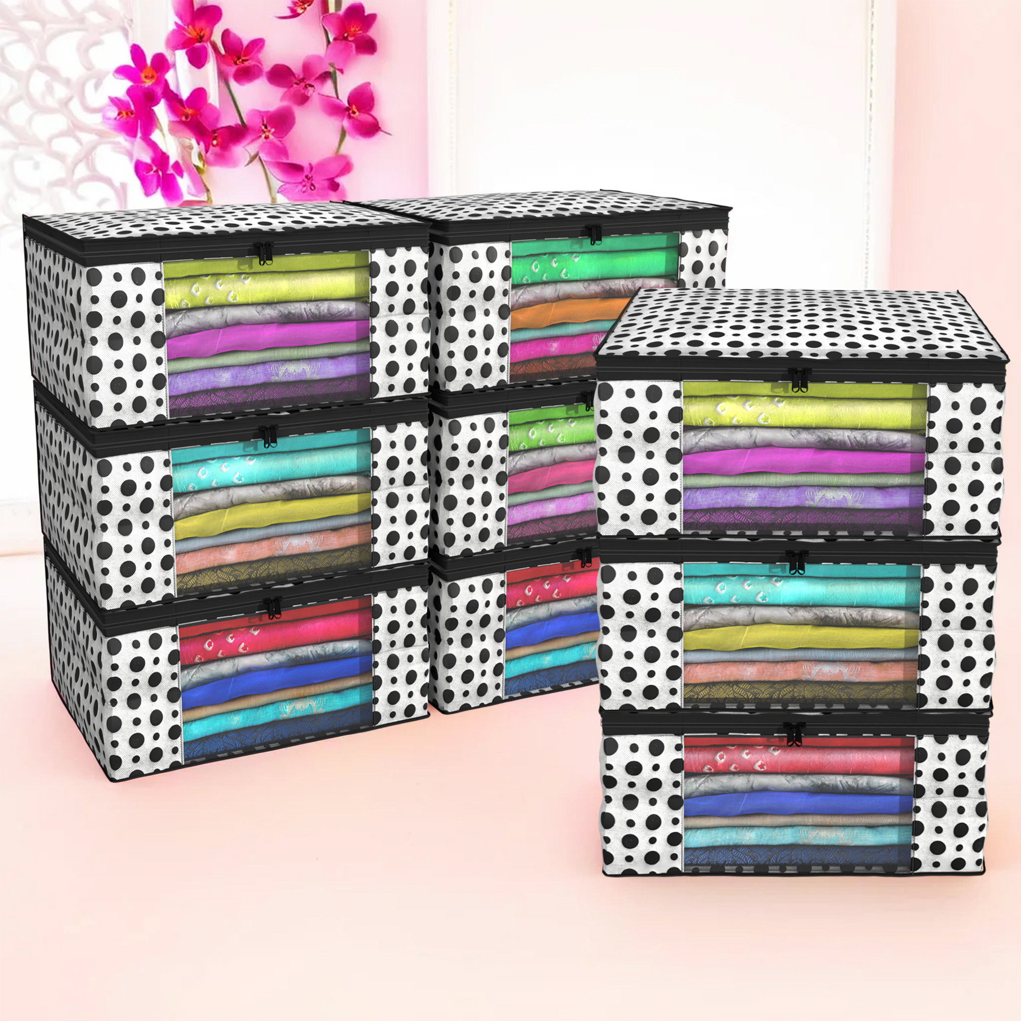 Kuber Industries Polka Dots Design Non Woven Fabric Saree Cover/ Clothes Organiser For Wardrobe Set with Transparent Window, Extra Large,(Black & White) -CTKTC38087