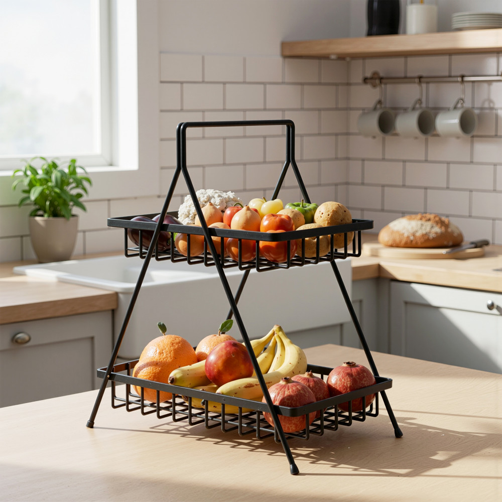 Image of Metal 2 Tier Fruit &amp; Vegetable Basket for Kitchen | Dining/Kitchen Rack/Countertop Organizer | Multipurpose Storage Stand | Black